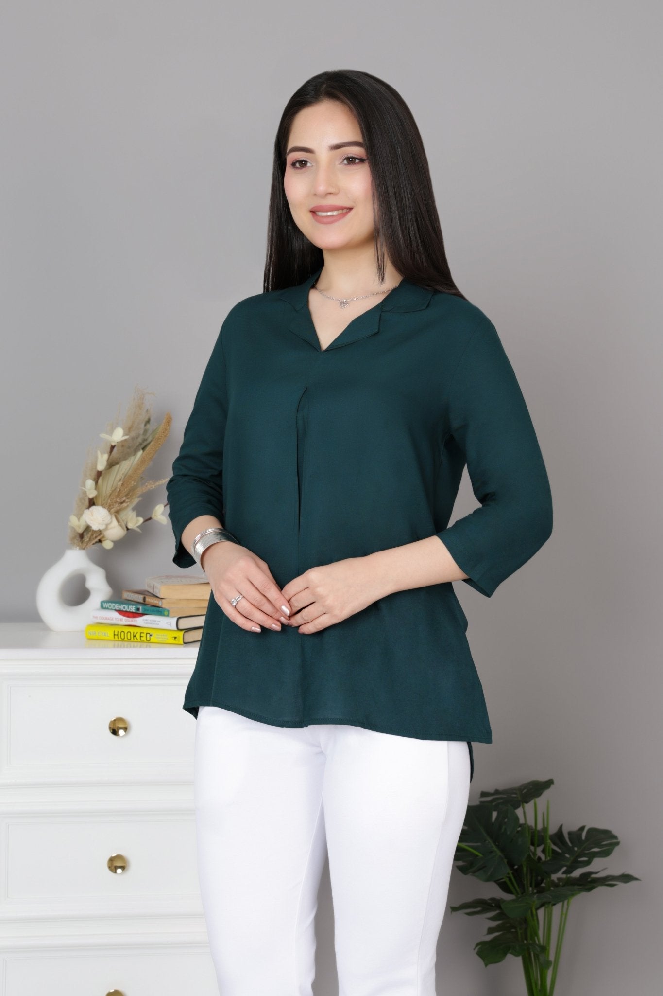 Bottle green rayon collar top [ Premium 100% Rayon, Liva Certified ] - Rayon collar top