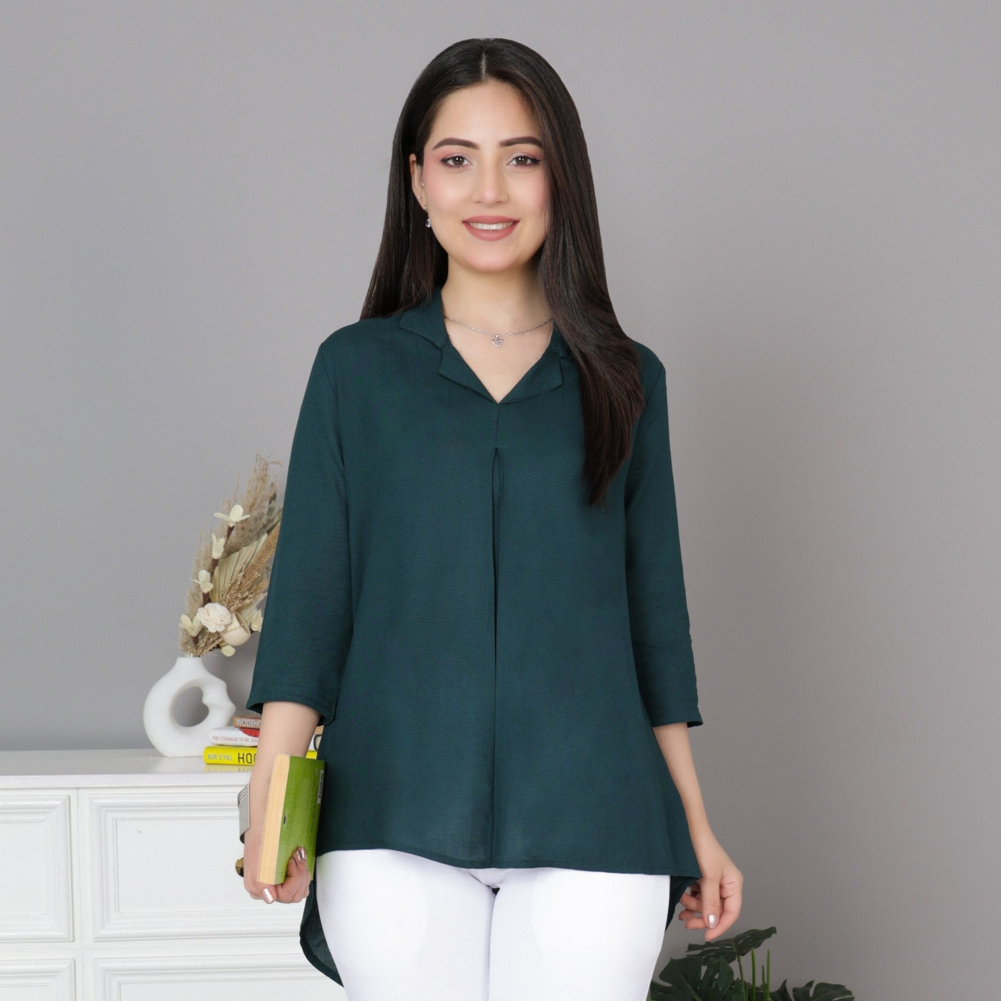 Bottle green rayon collar top [ Premium 100% Rayon, Liva Certified ] - Rayon collar top