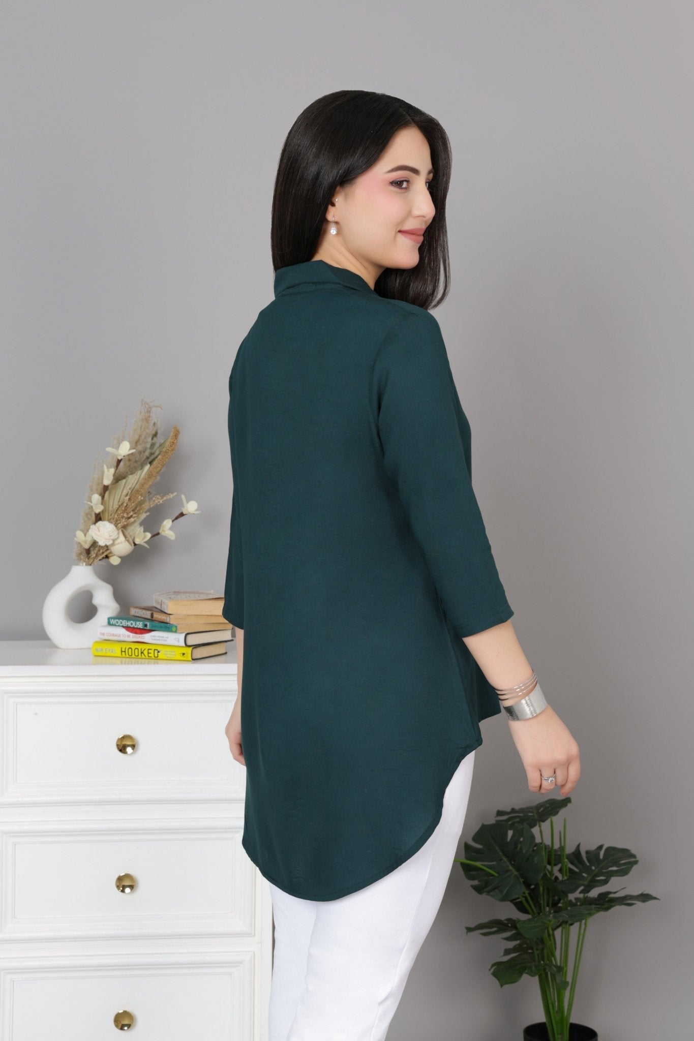 Bottle green rayon collar top [ Premium 100% Rayon, Liva Certified ] - Rayon collar top