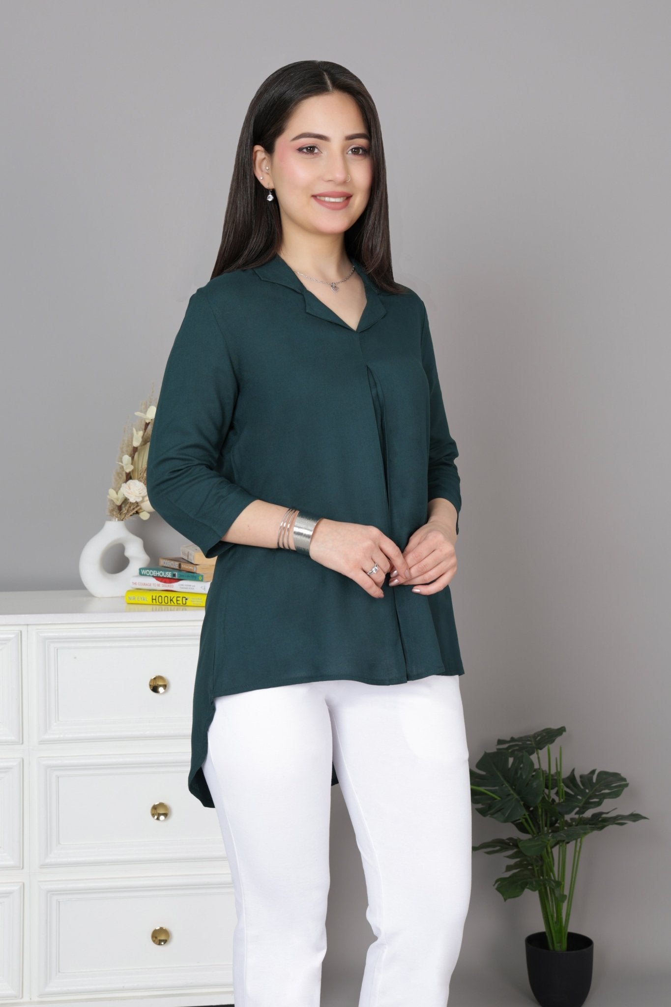 Bottle green rayon collar top [ Premium 100% Rayon, Liva Certified ] - Rayon collar top
