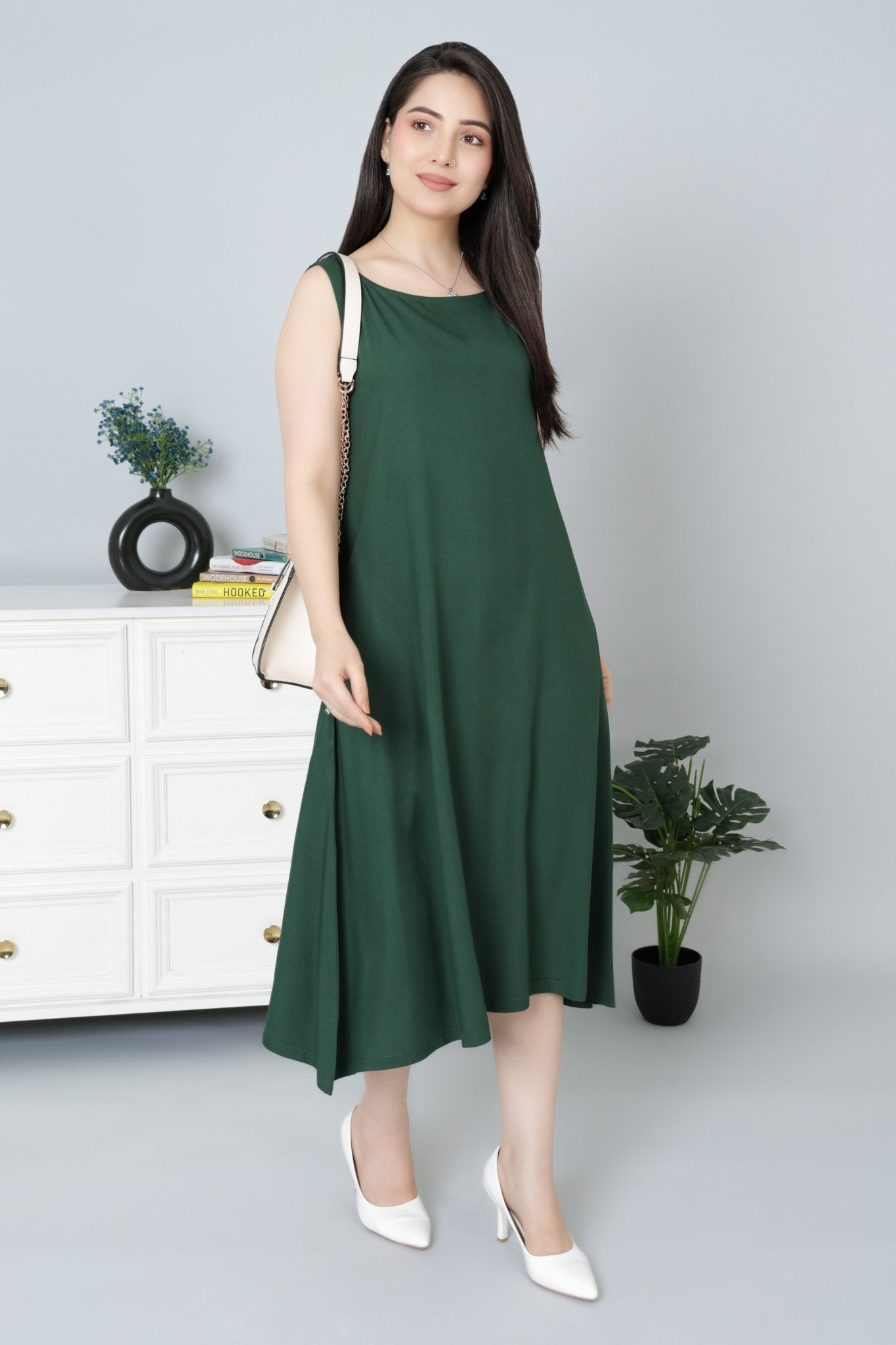 Bottle Green rayon flare dress with pocket [ Premium 100% Rayon, Liva Certified ] - Rayon flare dress with pocket