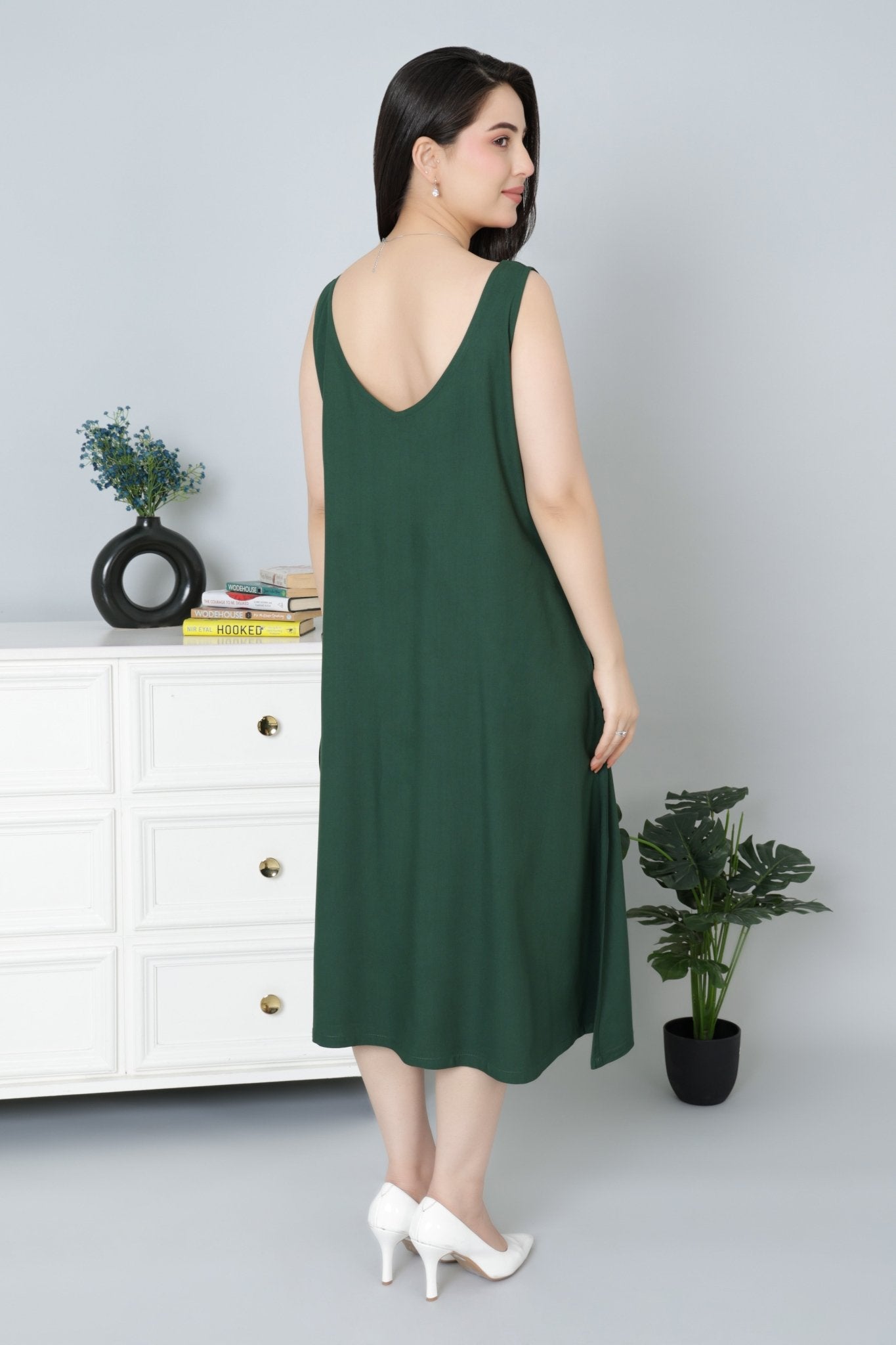 Bottle Green rayon flare dress with pocket [ Premium 100% Rayon, Liva Certified ] - Rayon flare dress with pocket