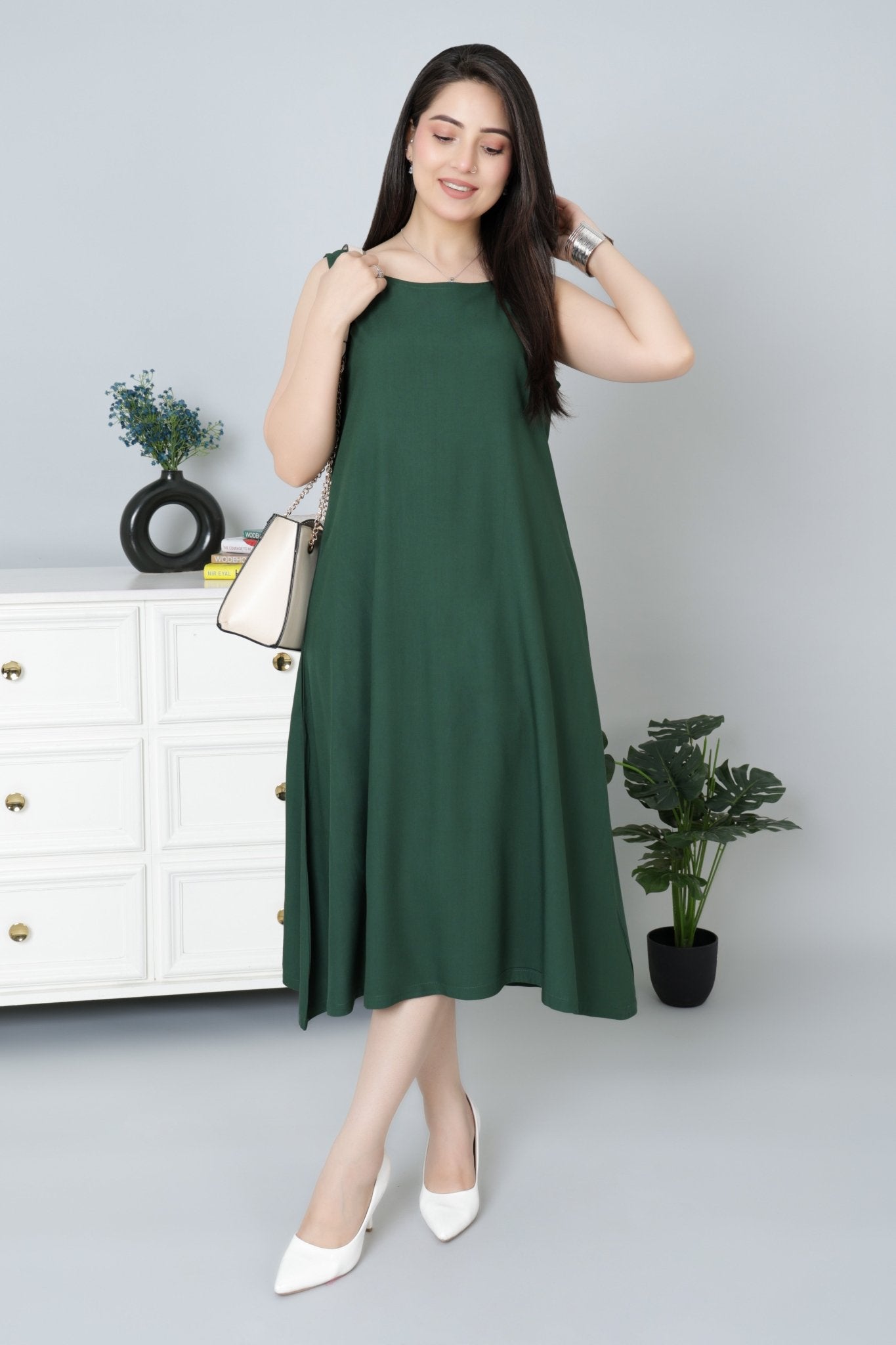 Bottle Green rayon flare dress with pocket [ Premium 100% Rayon, Liva Certified ] - Rayon flare dress with pocket