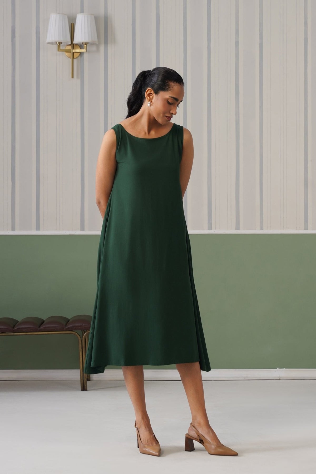 Bottle Green rayon flare dress with pocket [ Premium 100% Rayon, Liva Certified ] -Rayon flare dress with pocket