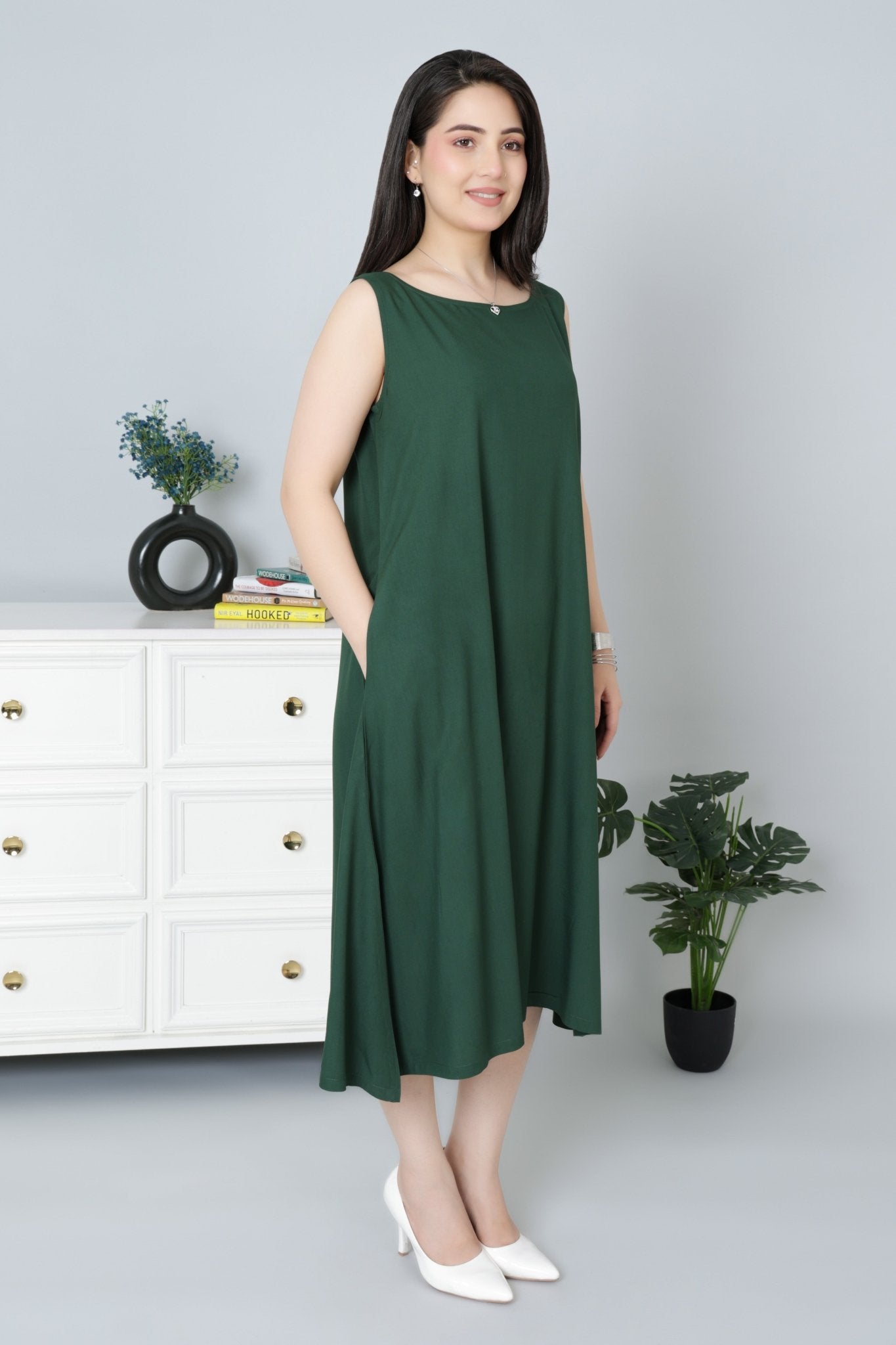 Bottle Green rayon flare dress with pocket [ Premium 100% Rayon, Liva Certified ] - Rayon flare dress with pocket