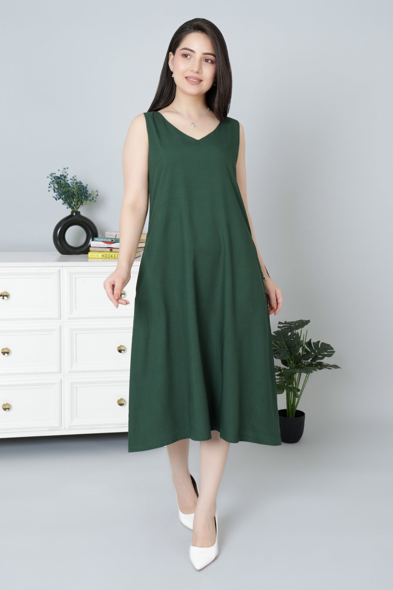Bottle Green rayon line dress with pocket [ Premium 100% Rayon, Liva Certified ] - Rayon line dress with pocket