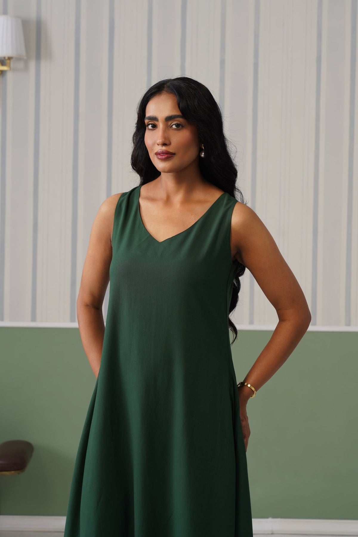 Bottle Green rayon line dress with pocket [ Premium 100% Rayon, Liva Certified ] -Rayon line dress with pocket