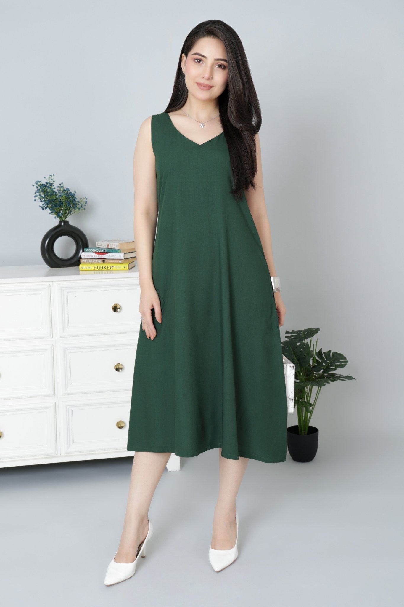 Bottle Green rayon line dress with pocket [ Premium 100% Rayon, Liva Certified ] - Rayon line dress with pocket