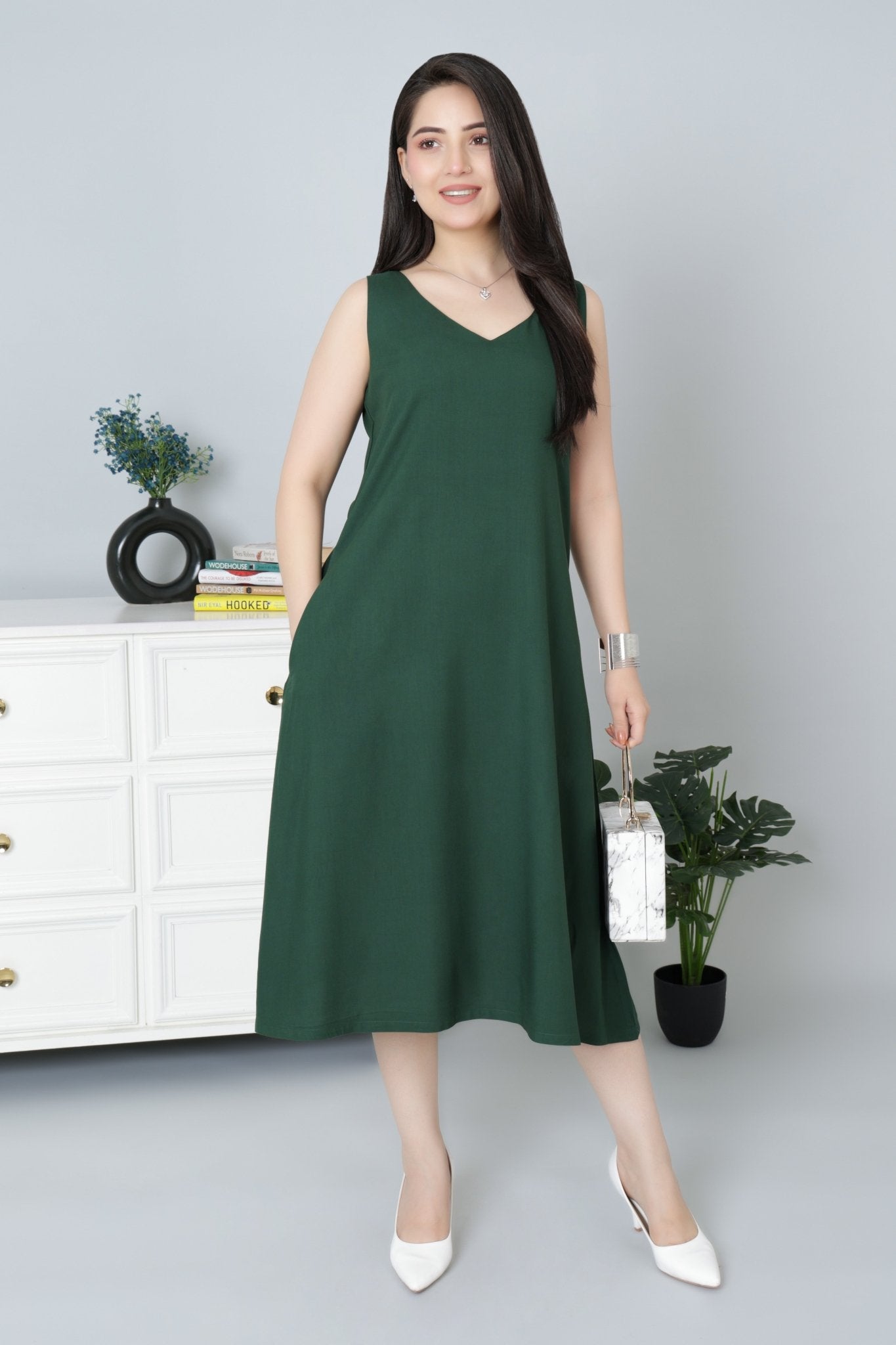 Bottle Green rayon line dress with pocket [ Premium 100% Rayon, Liva Certified ] - Rayon line dress with pocket
