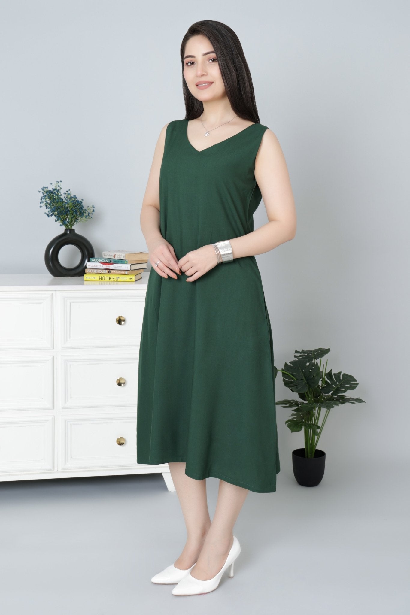 Bottle Green rayon line dress with pocket [ Premium 100% Rayon, Liva Certified ] - Rayon line dress with pocket