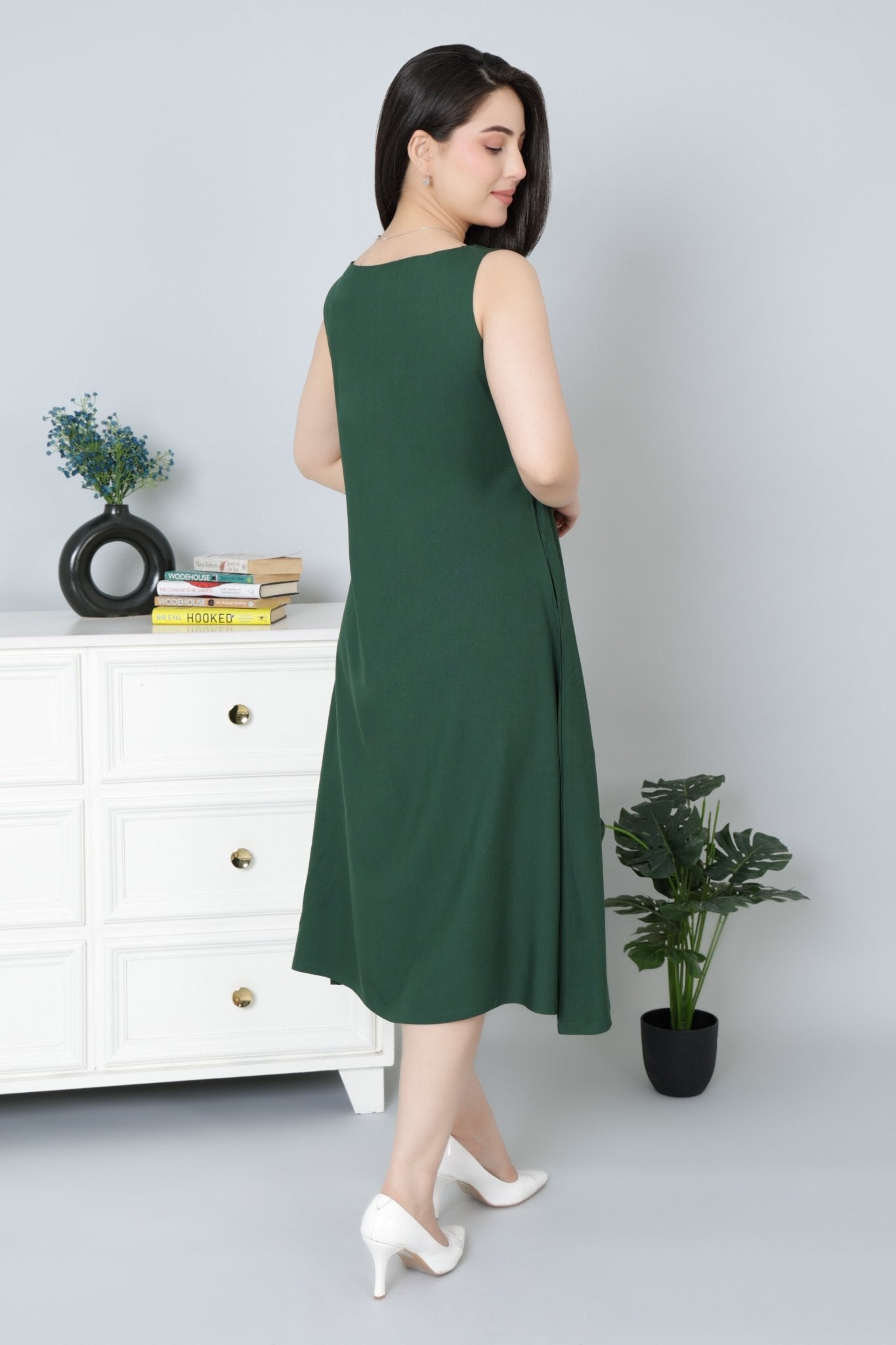 Bottle Green rayon line dress with pocket [ Premium 100% Rayon, Liva Certified ] - Rayon line dress with pocket