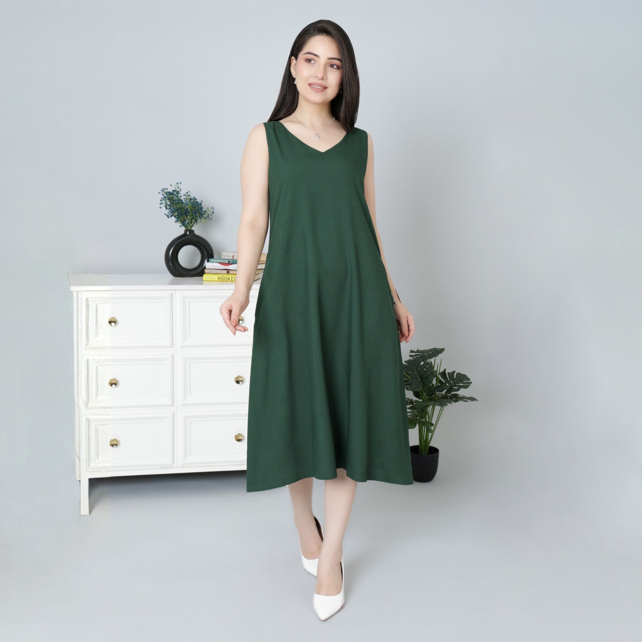 Bottle Green rayon line dress with pocket [ Premium 100% Rayon, Liva Certified ] - Rayon line dress with pocket