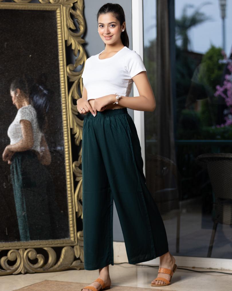 Bottle green rayon palazzo [ 100% Rayon, Liva Certified ] - Palazzo