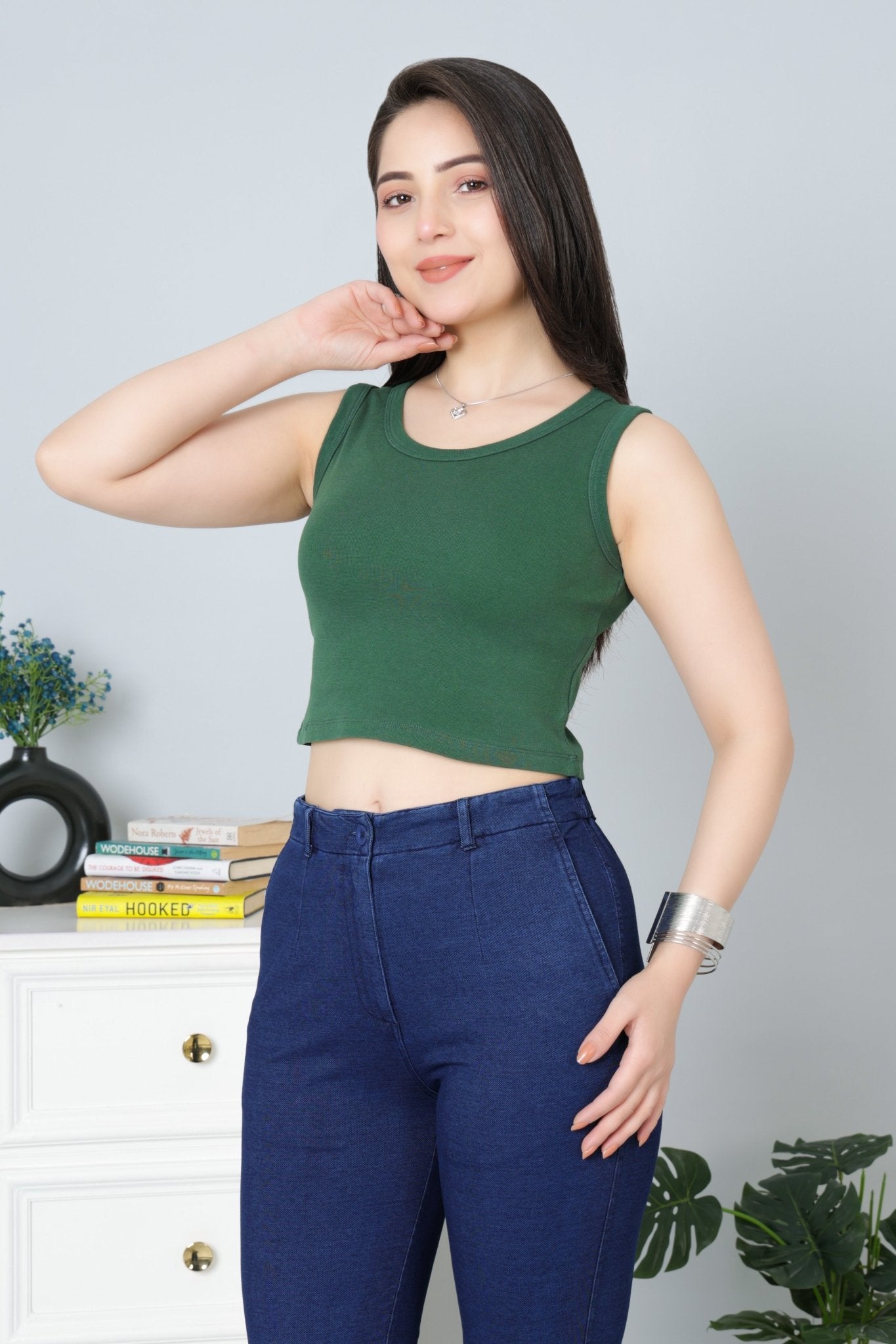 Bottle Green Rib Crop Vest [ 100% USA HQ Cotton, 280 GSM non transparent fabric ] - Rib crop vest