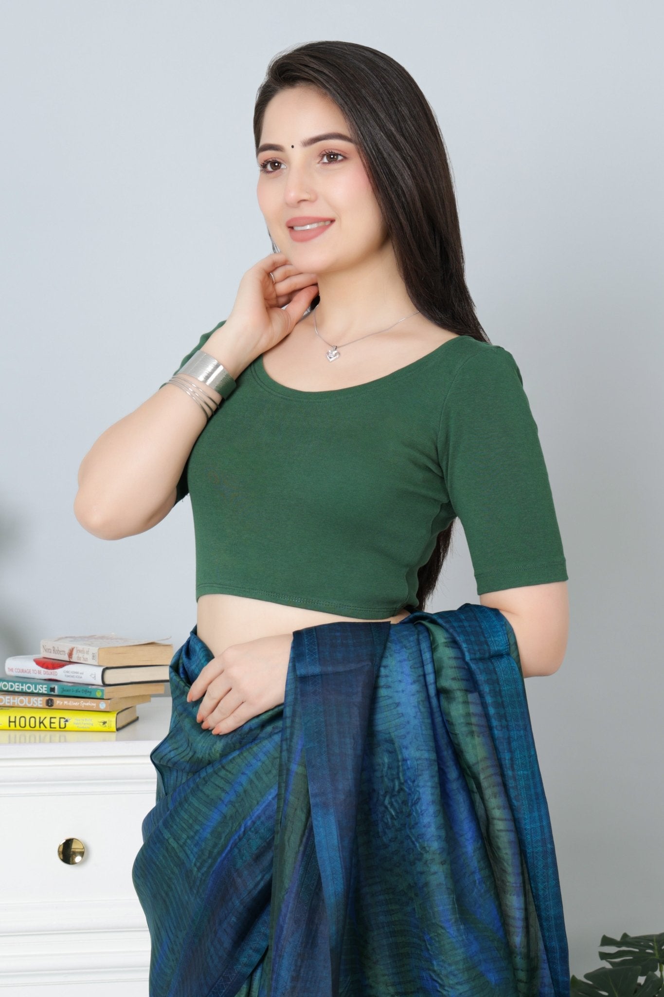 Bottle Green Rib Roundneck Half Sleeve Blouse [ 100% USA HQ Cotton, 280 GSM non transparent fabric ] - Rib blouse
