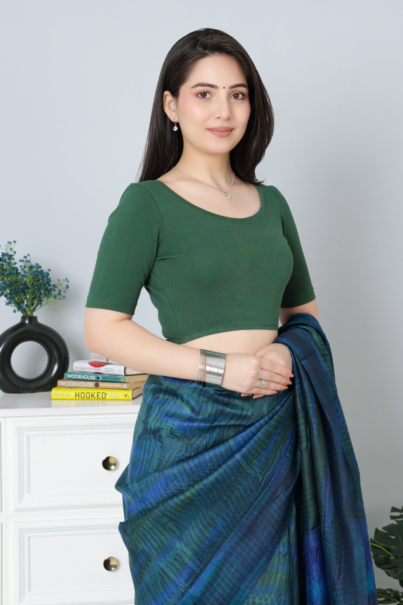 Bottle Green Rib Roundneck Half Sleeve Blouse [ 100% USA HQ Cotton, 280 GSM non transparent fabric ] - Rib blouse