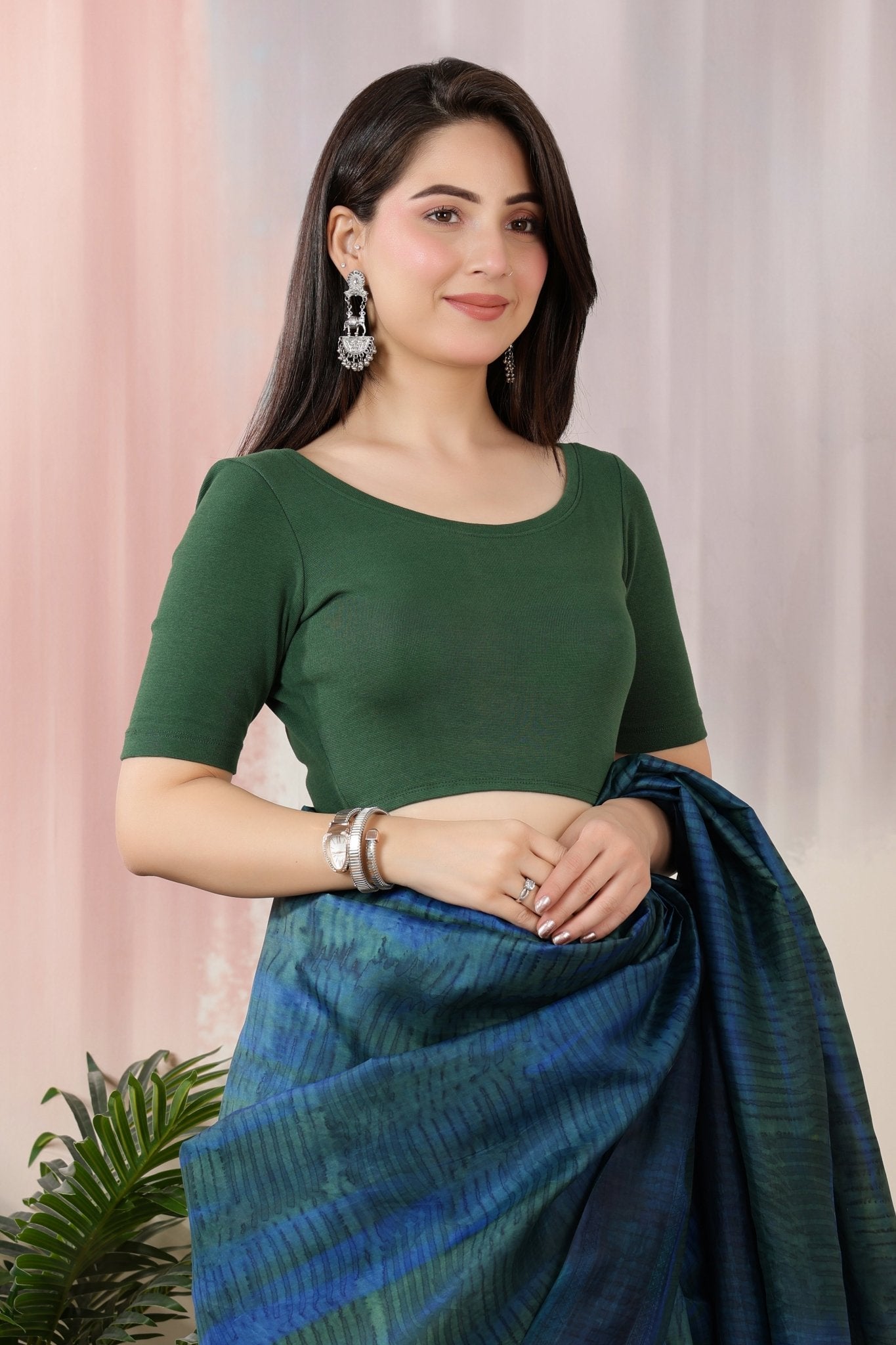 Bottle Green Rib Roundneck Half Sleeve Blouse [ 100% USA HQ Cotton, 280 GSM non transparent fabric ] -Rib blouse