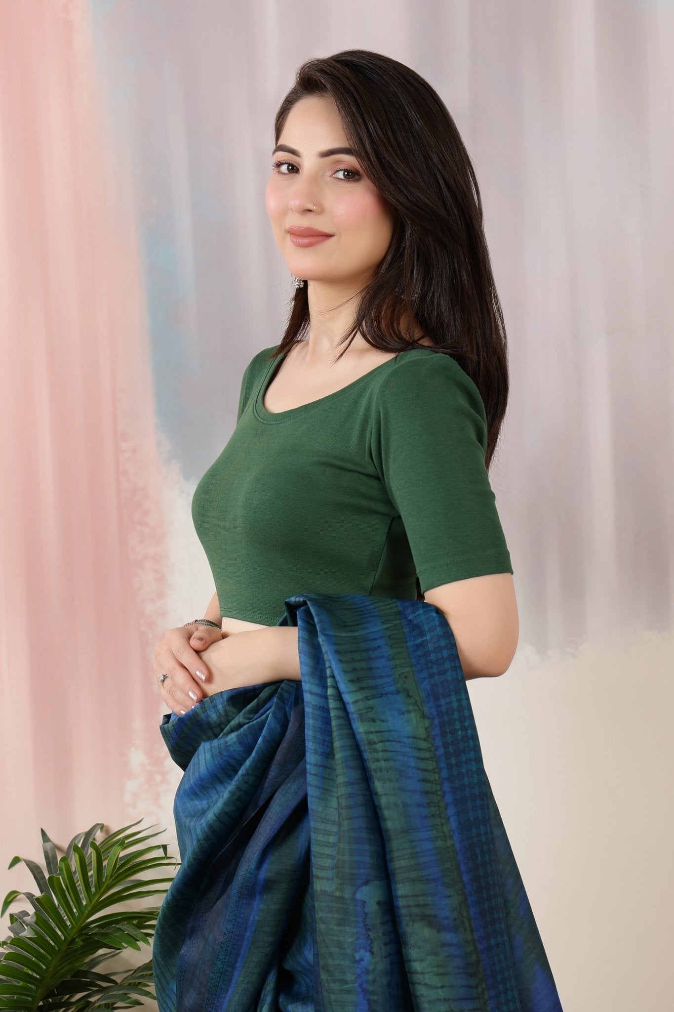 Bottle Green Rib Roundneck Half Sleeve Blouse [ 100% USA HQ Cotton, 280 GSM non transparent fabric ] -Rib blouse