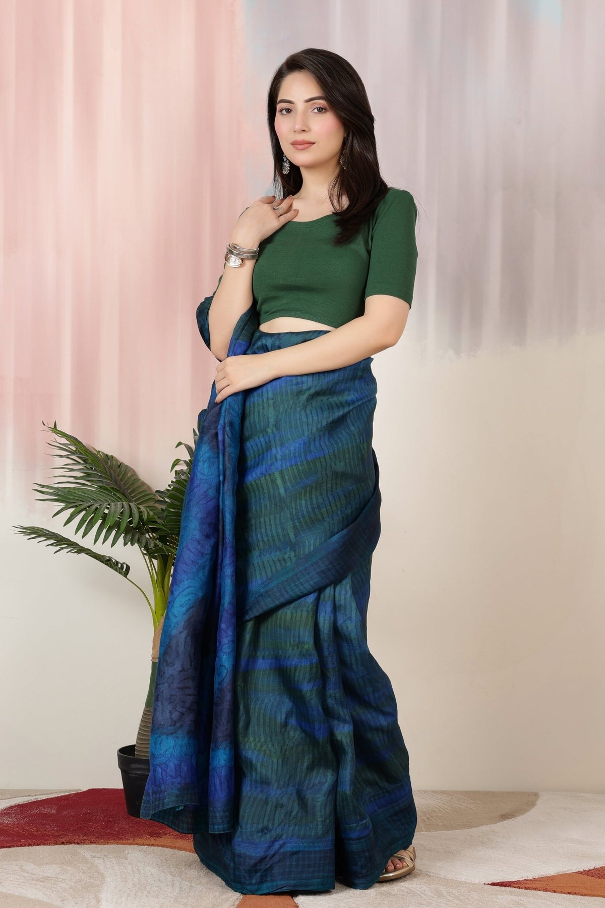 Bottle Green Rib Roundneck Half Sleeve Blouse [ 100% USA HQ Cotton, 280 GSM non transparent fabric ] -Rib blouse