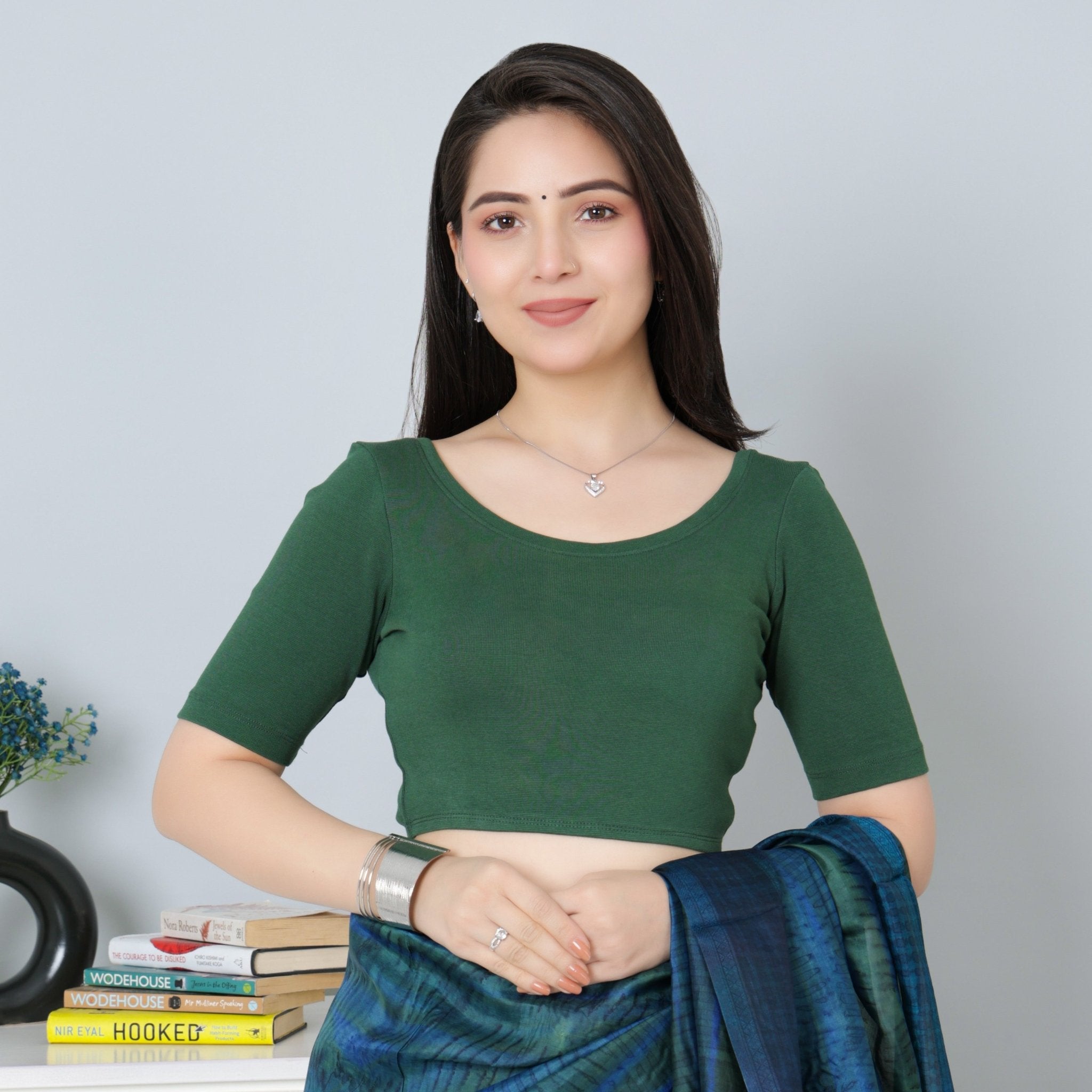 Bottle Green Rib Roundneck Half Sleeve Blouse [ 100% USA HQ Cotton, 280 GSM non transparent fabric ] - Rib blouse