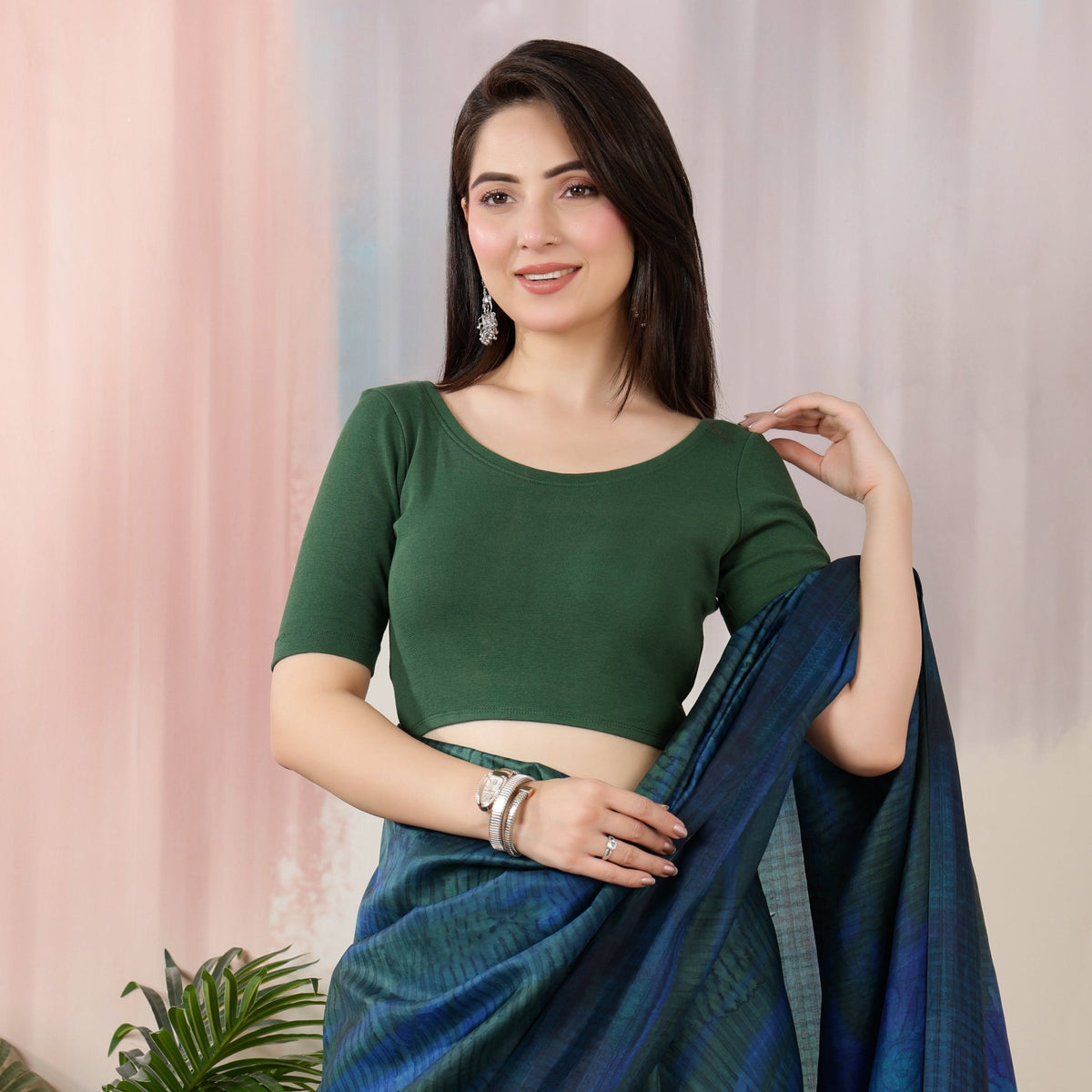 Bottle Green Rib Roundneck Half Sleeve Blouse [ 100% USA HQ Cotton, 280 GSM non transparent fabric ] -Rib blouse