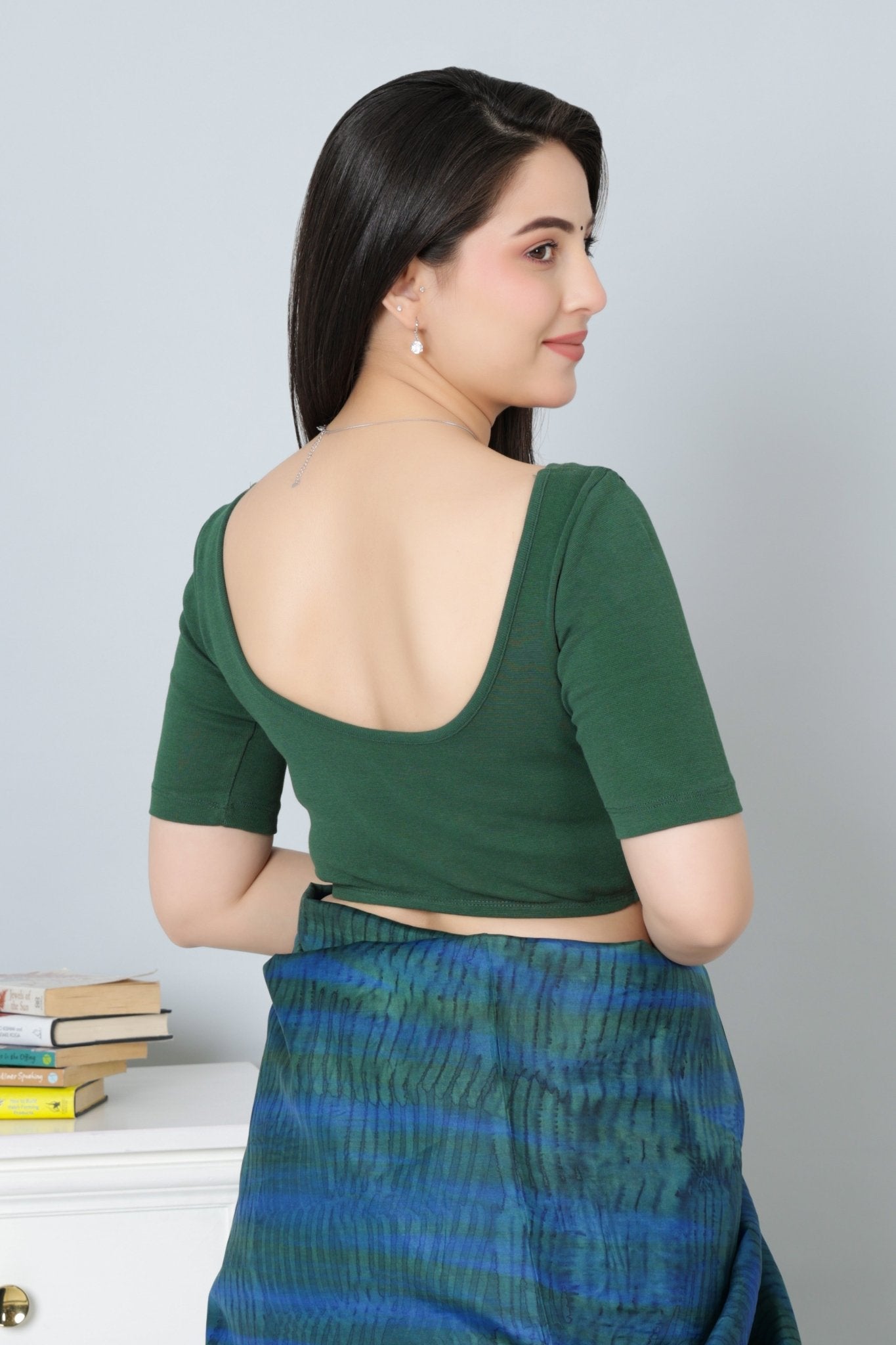 Bottle Green Rib Roundneck Half Sleeve Blouse [ 100% USA HQ Cotton, 280 GSM non transparent fabric ] - Rib blouse