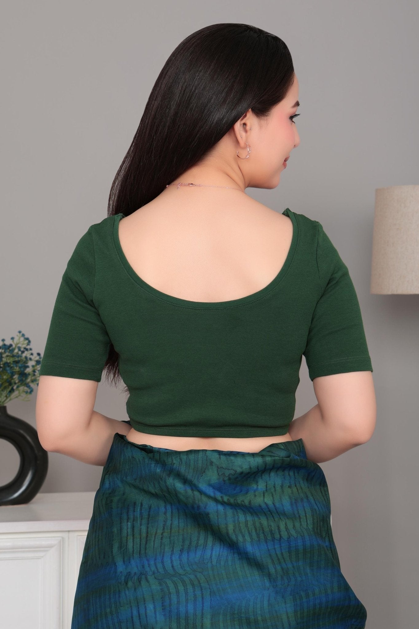 Bottle Green Rib Square Neck Half Sleeve Blouse [ 100% USA HQ Cotton, 280 GSM non transparent fabric ] (Copy) (Copy) (Copy) (Copy) -Rib blouse