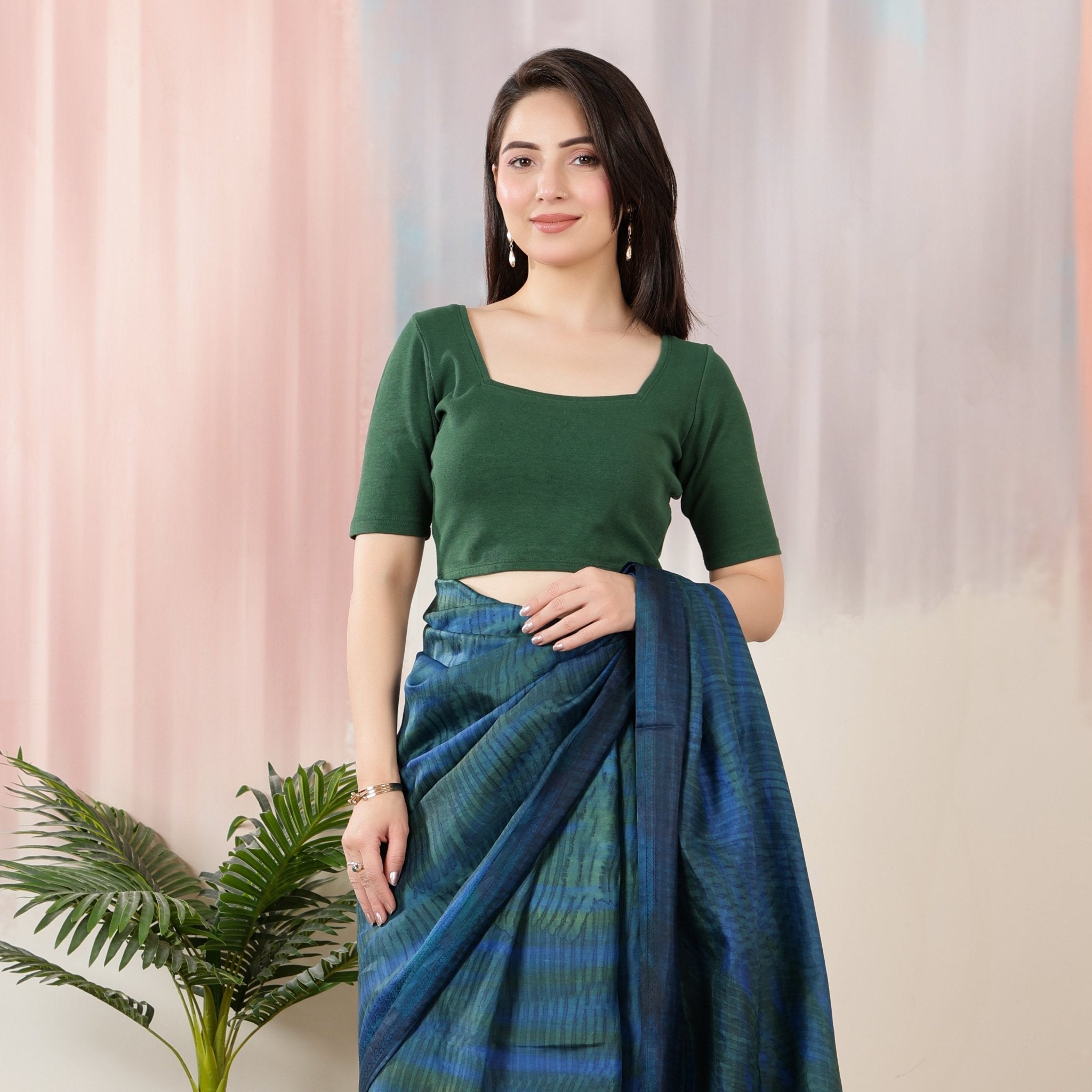 Bottle Green Rib Square Neck Half Sleeve Blouse [ 100% USA HQ Cotton, 280 GSM non transparent fabric ] (Copy) (Copy) (Copy) (Copy) -Rib blouse