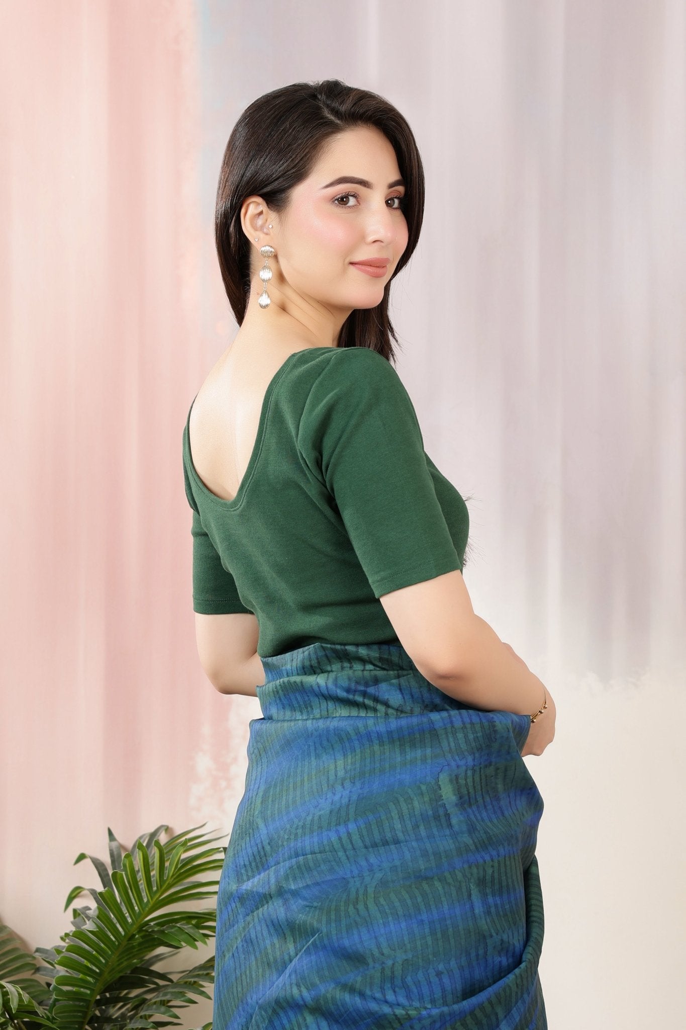 Bottle Green Rib Square Neck Half Sleeve Blouse [ 100% USA HQ Cotton, 280 GSM non transparent fabric ] (Copy) (Copy) (Copy) (Copy) -Rib blouse