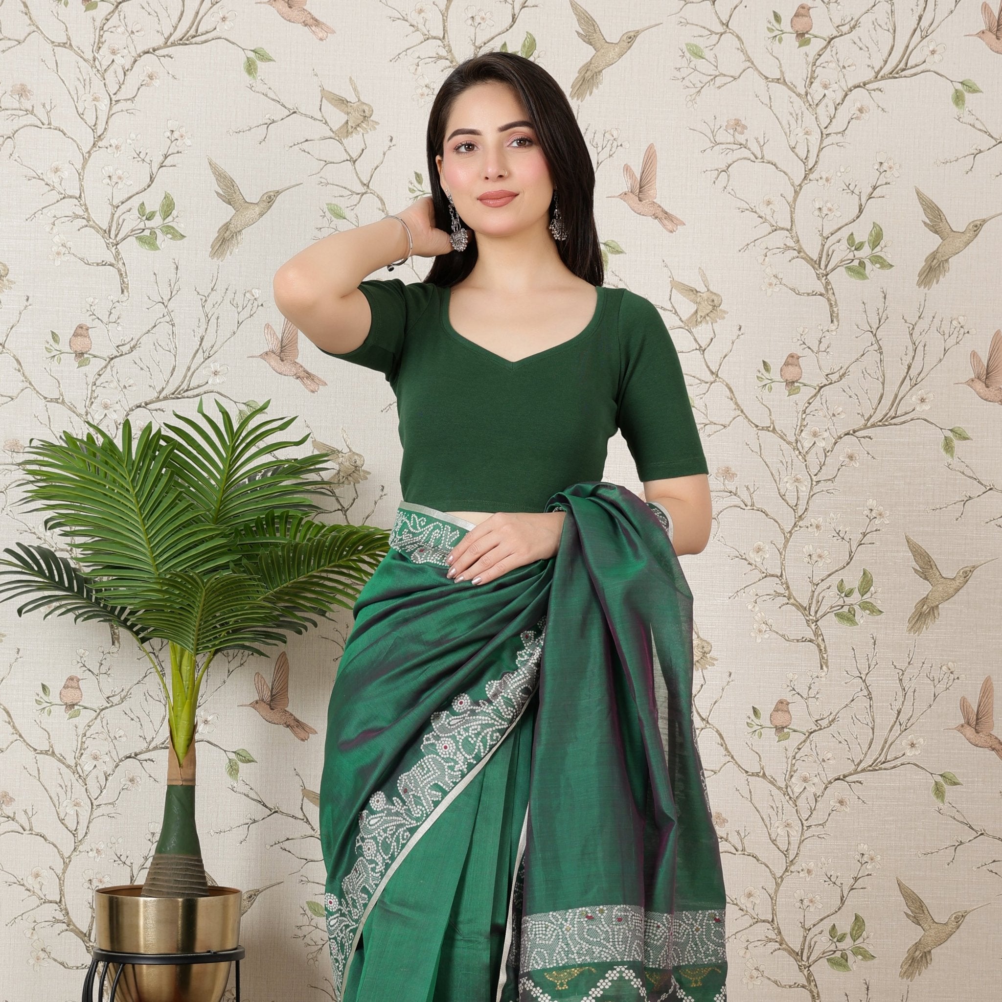 Bottle green Rib Sweet Heart Neck Half Sleeve Blouse [ 100% USA HQ Cotton, 280 GSM non transparent fabric ] -Rib blouse