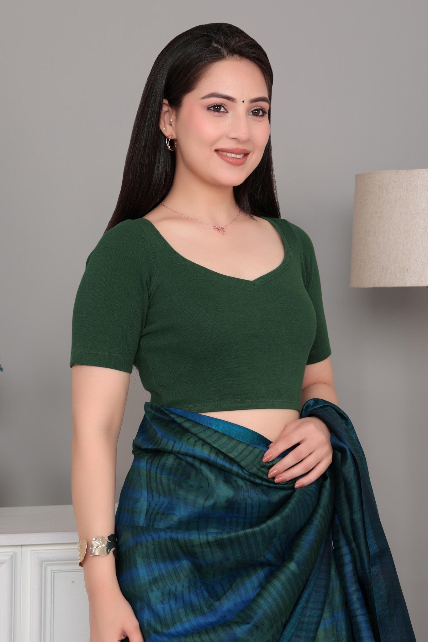 Bottle green Rib Sweet Heart Neck Half Sleeve Blouse [ 100% USA HQ Cotton, 280 GSM non transparent fabric ] -Rib blouse
