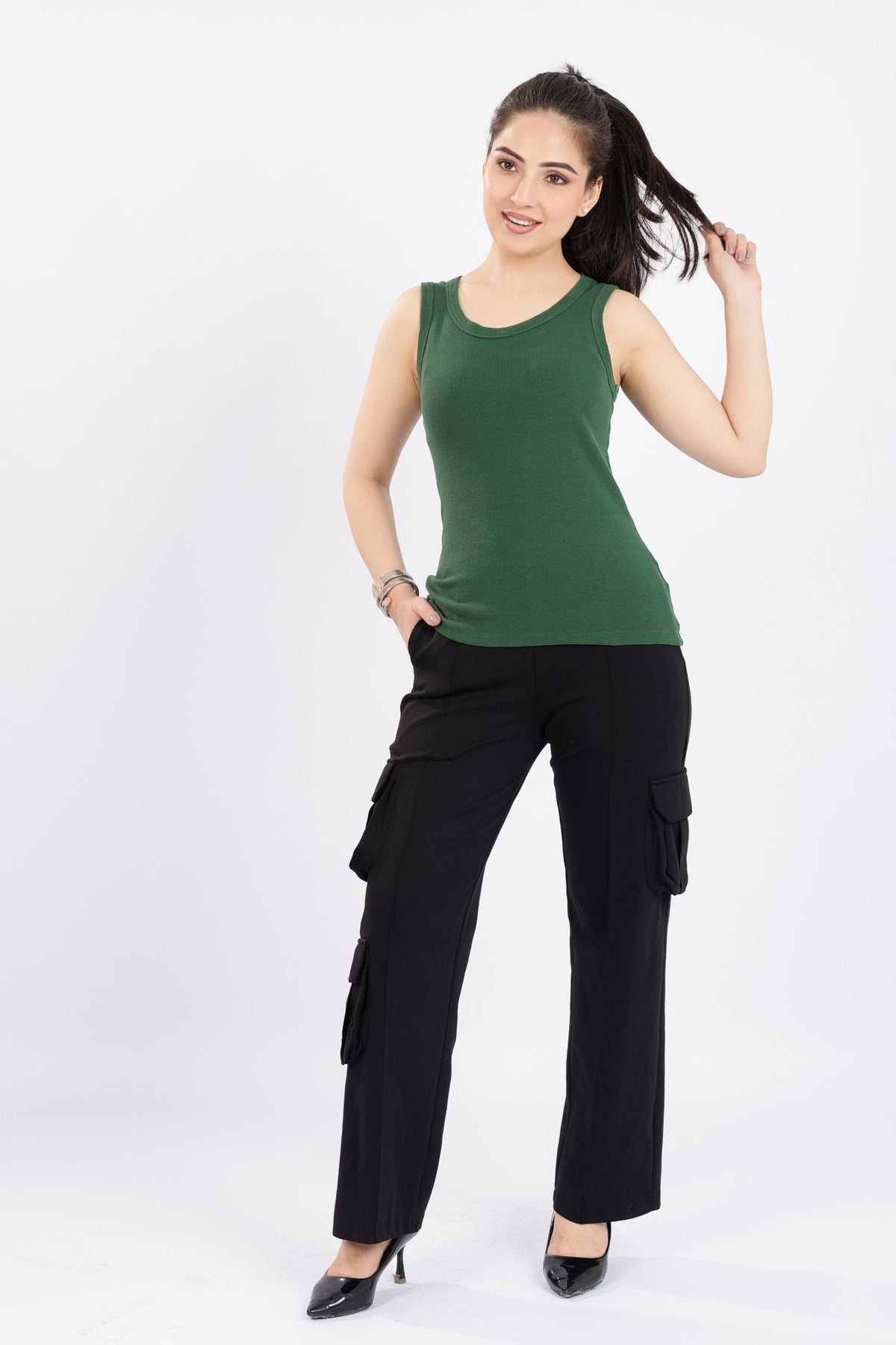 Bottle Green Rib Top [ 280 GSM non transparent fabric ] -Rib top
