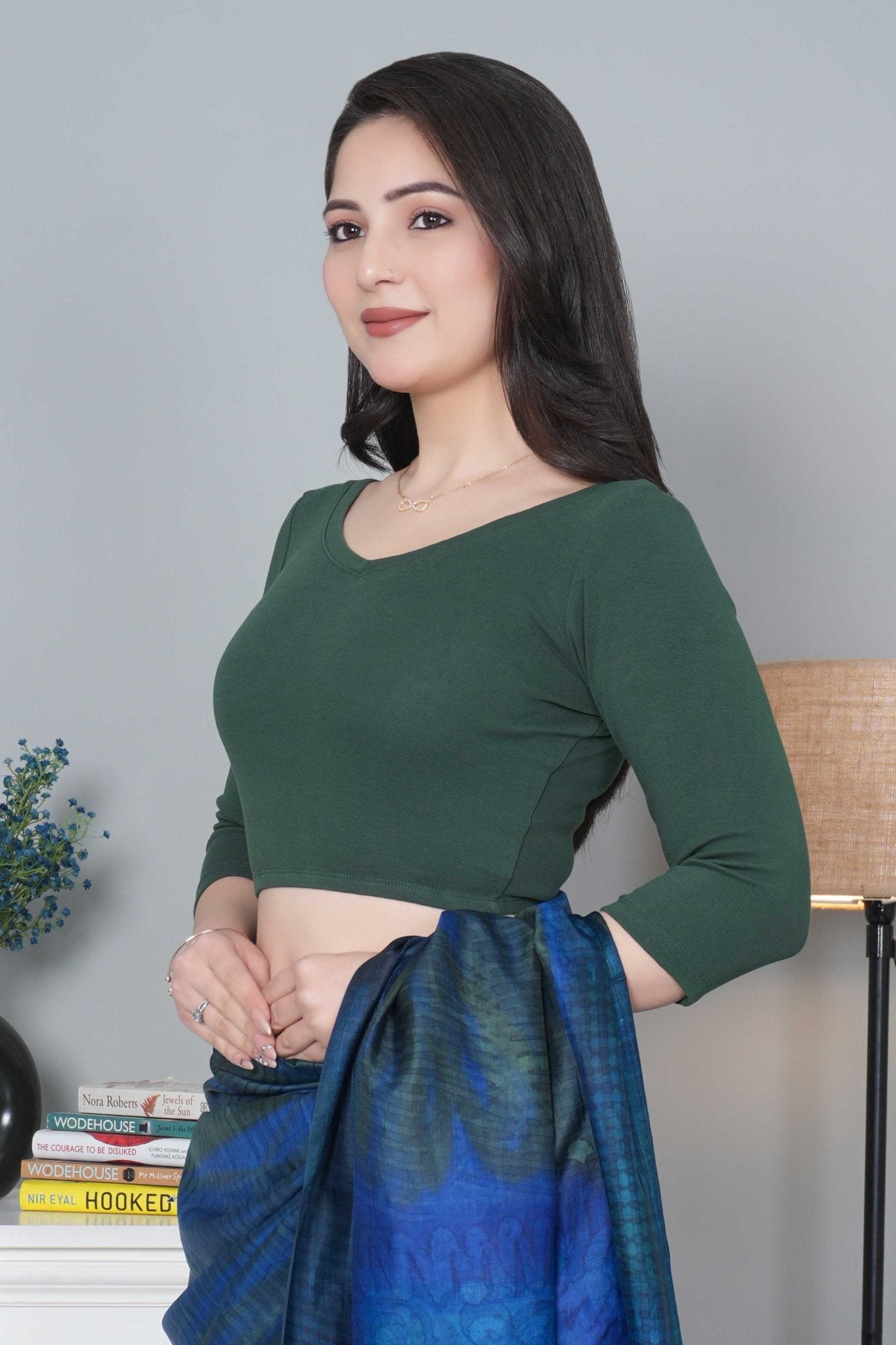 Bottle Green Rib V Neck 3/4 Sleeve Blouse [ 100% USA HQ Cotton, 280 GSM non transparent fabric ] - Rib blouse