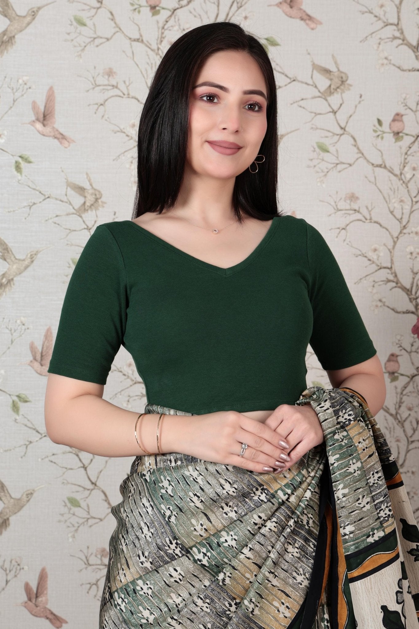 Bottle green Rib V Neck Half Sleeve Blouse [ 100% USA HQ Cotton, 280 GSM non transparent fabric ] -Rib blouse