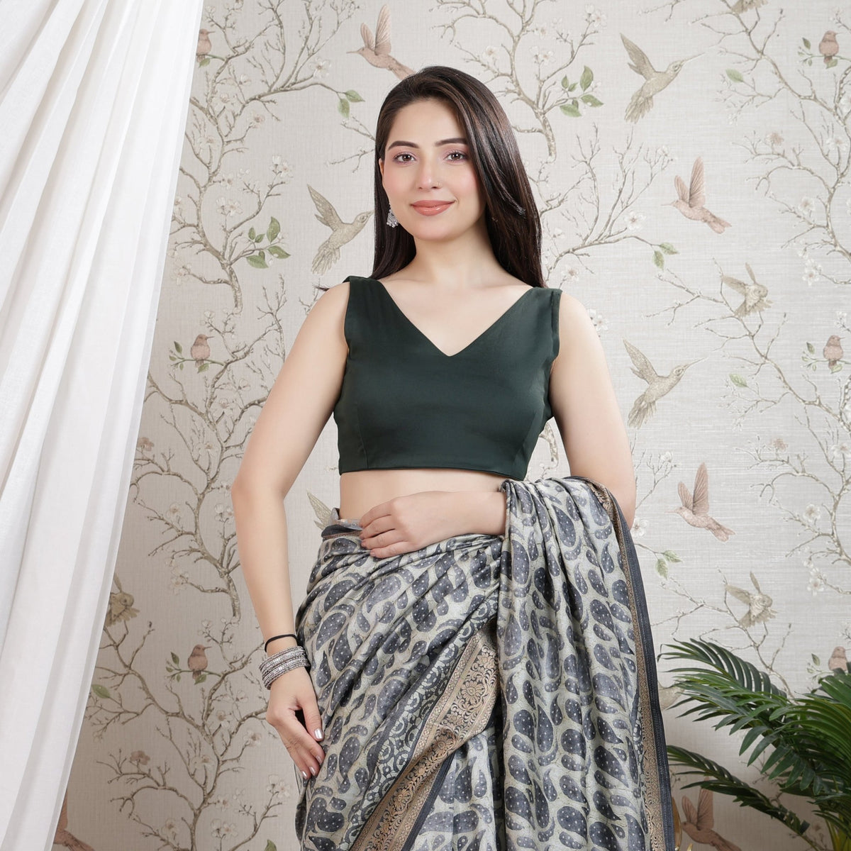 Bottle green v neck cotton blouse made from premium cotton -Blouse