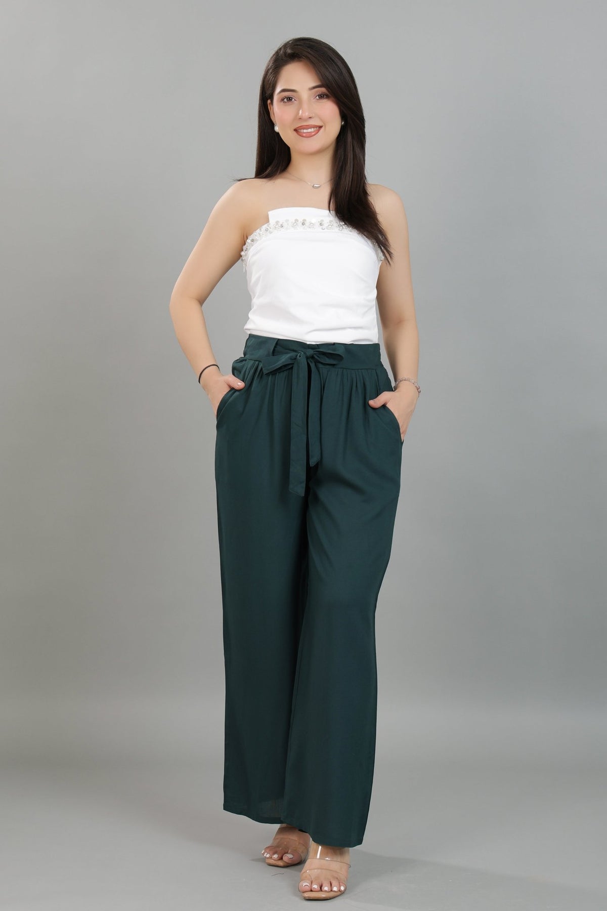 Bottle green wide leg pant [ 100% Rayon, Liva Certified ] -Wide leg pant