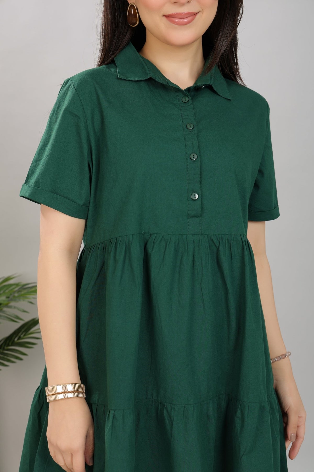 Bottlegreen collar flare dress [100% pure cotton] -Cotton midi dress
