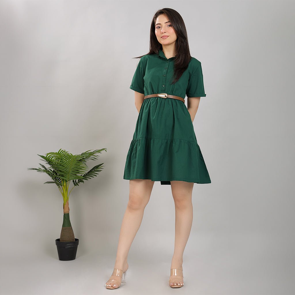 Bottlegreen collar flare dress [100% pure cotton] -Cotton midi dress