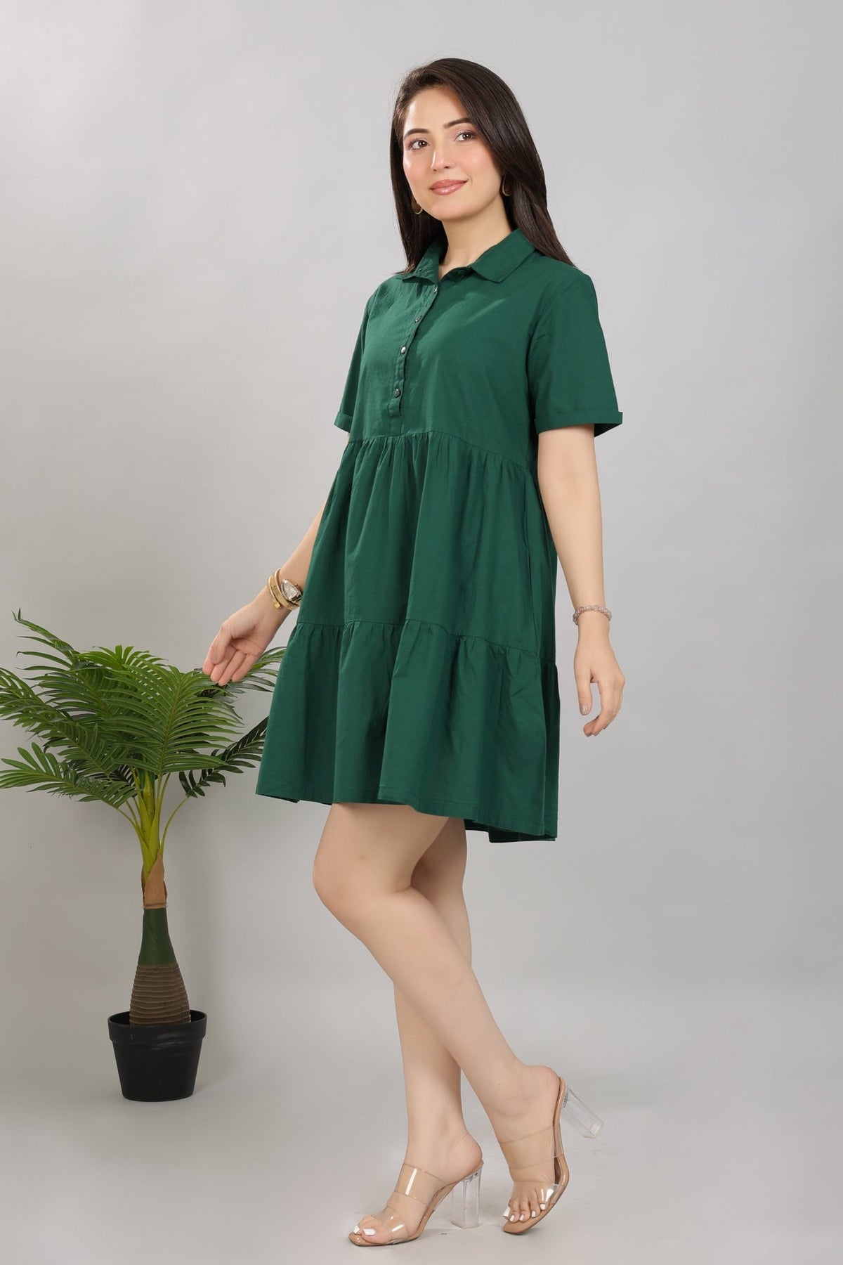 Bottlegreen collar flare dress [100% pure cotton] -Cotton midi dress