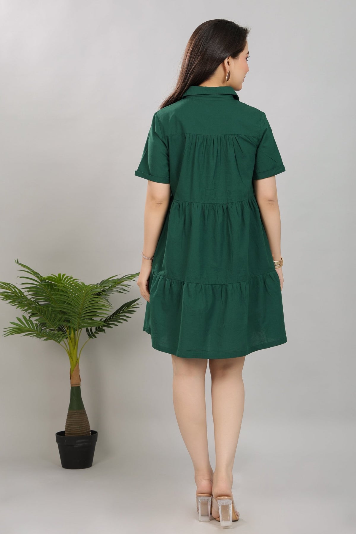 Bottlegreen collar flare dress [100% pure cotton] -Cotton midi dress