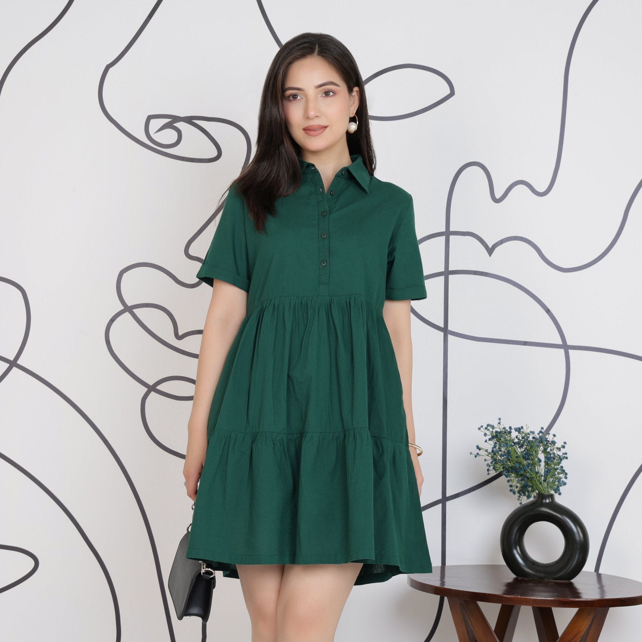 Bottlegreen collar flare dress [100% pure cotton] -Cotton midi dress