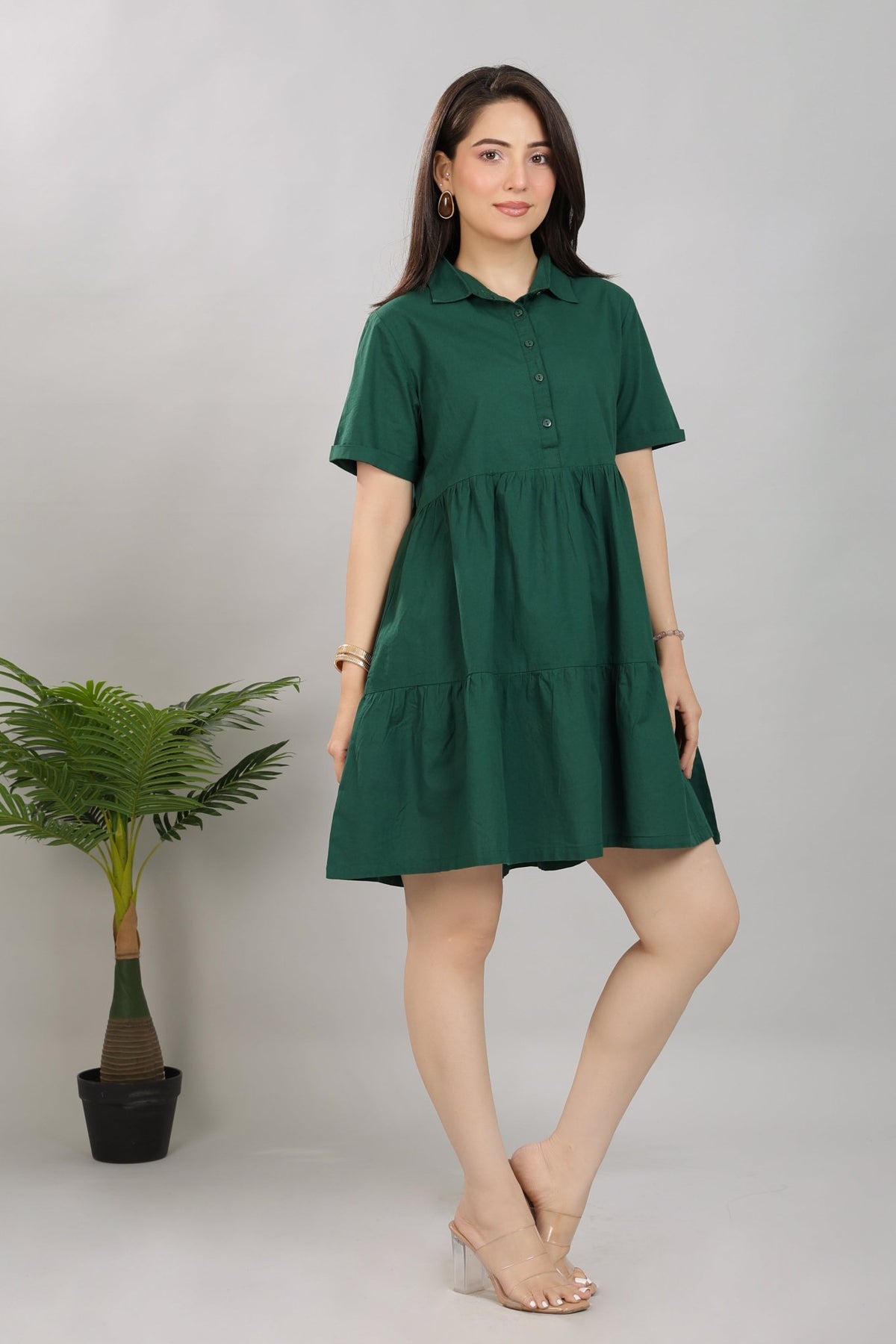 Bottlegreen collar flare dress [100% pure cotton] -Cotton midi dress