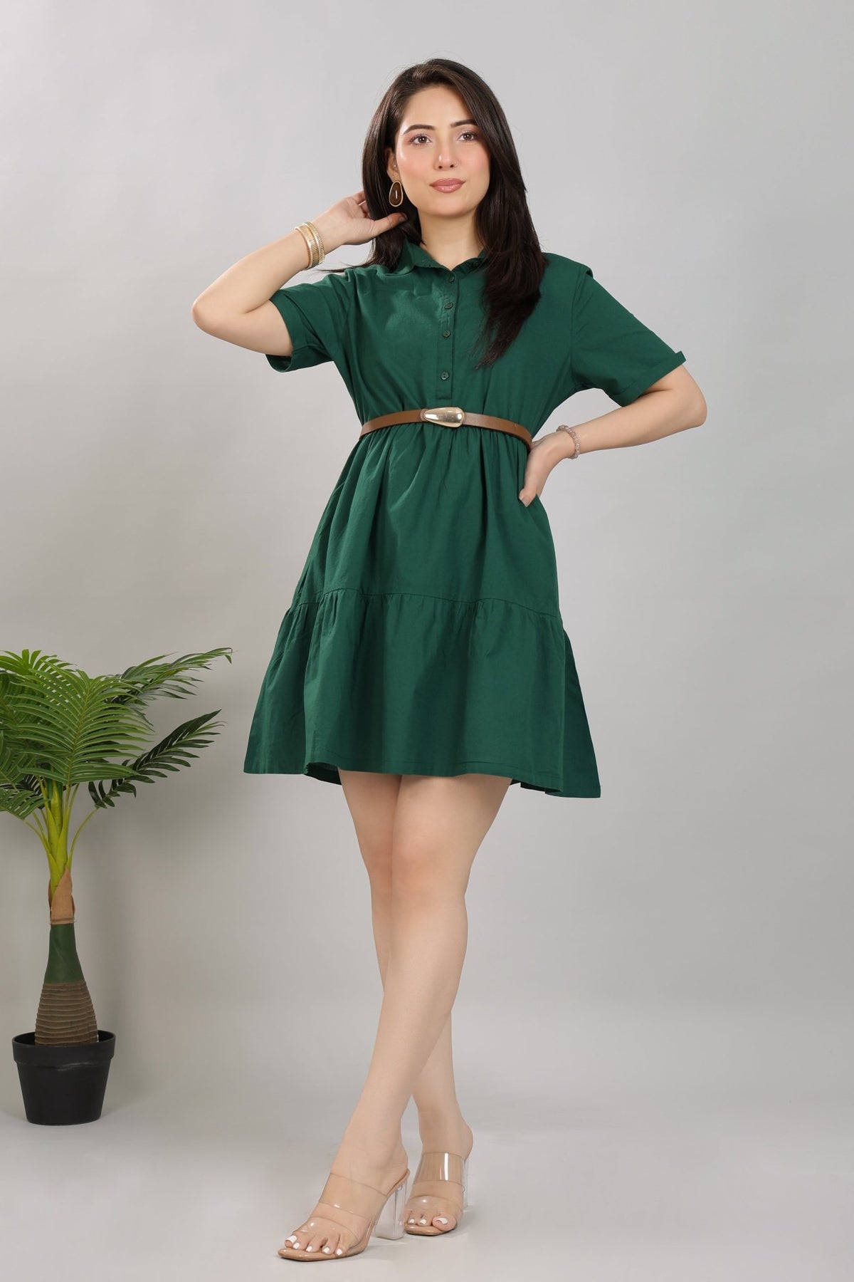 Bottlegreen collar flare dress [100% pure cotton] -Cotton midi dress