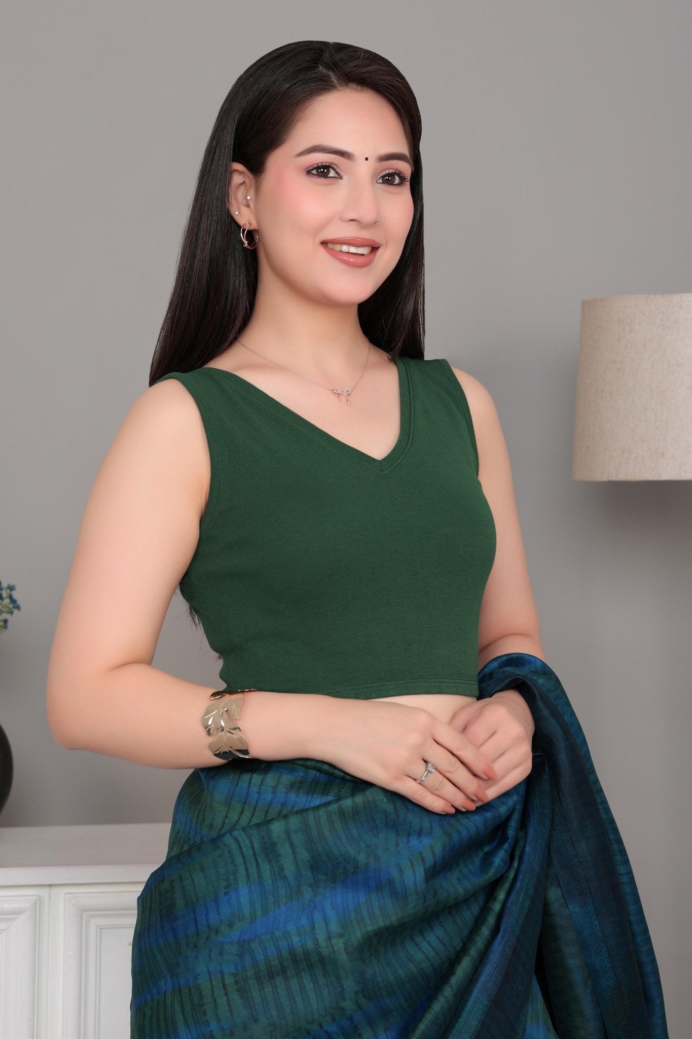 Bottlegreen Rib V Neck Sleeveless Blouse [ 100% USA HQ Cotton, 280 GSM non transparent fabric ] -Rib blouse