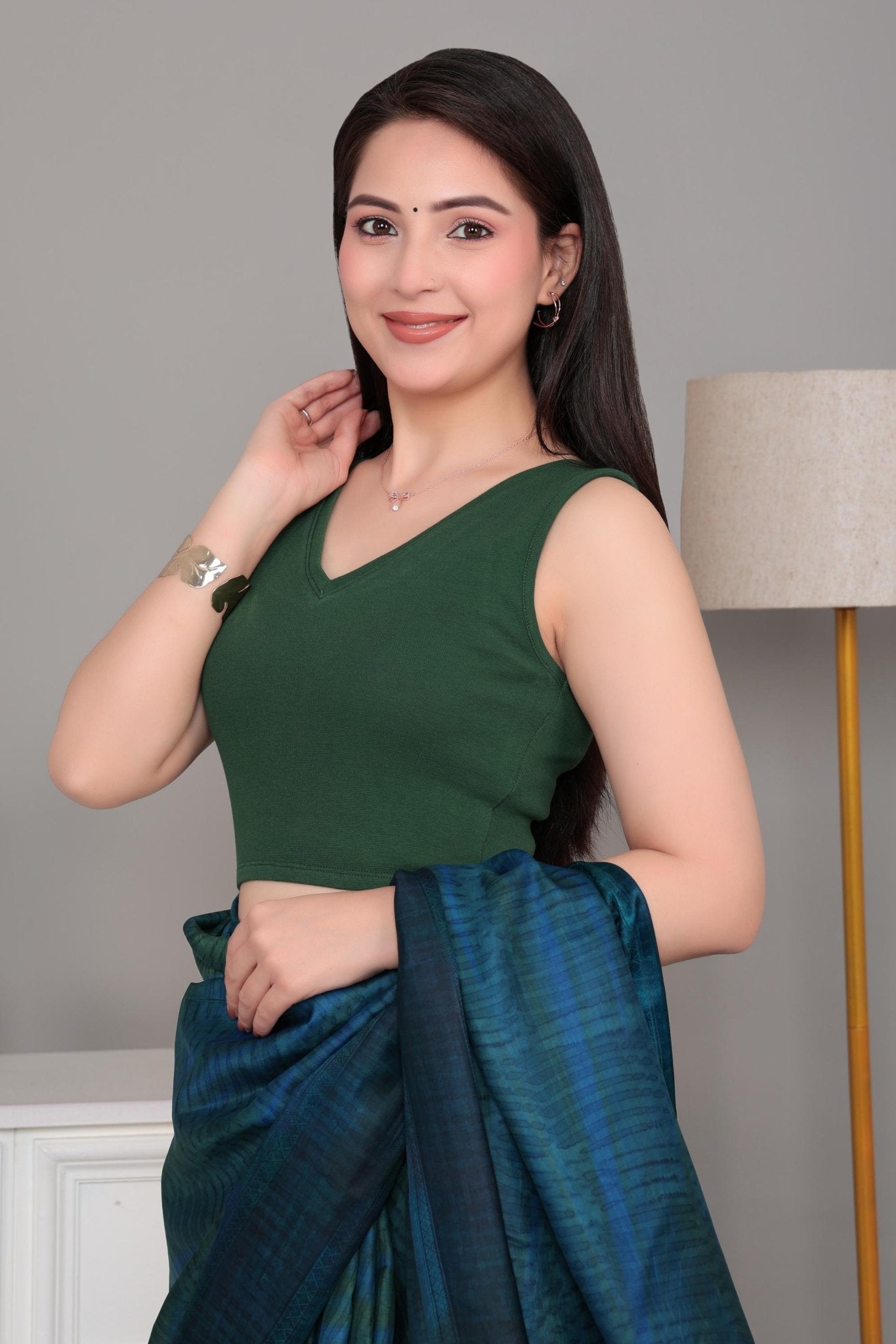 Bottlegreen Rib V Neck Sleeveless Blouse [ 100% USA HQ Cotton, 280 GSM non transparent fabric ] -Rib blouse