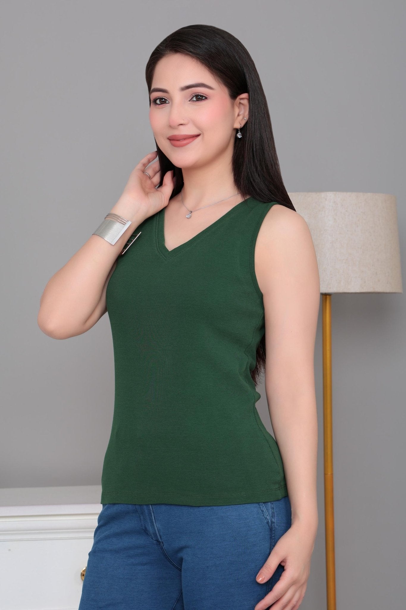 Bottlegreen rib v-neck vest [ 280 GSM non transparent fabric ] -Rib top