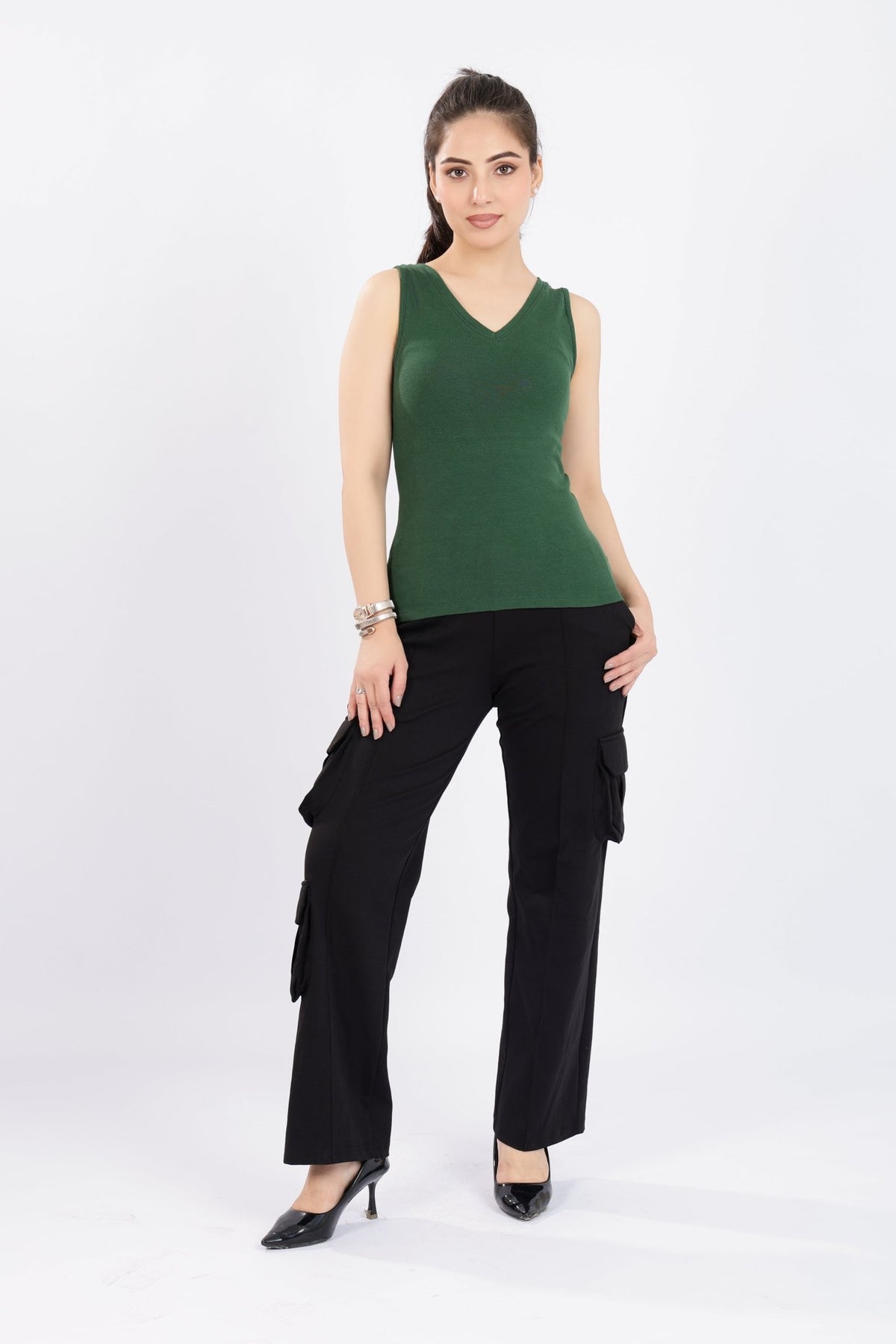 Bottlegreen rib v-neck vest [ 280 GSM non transparent fabric ] -Rib top