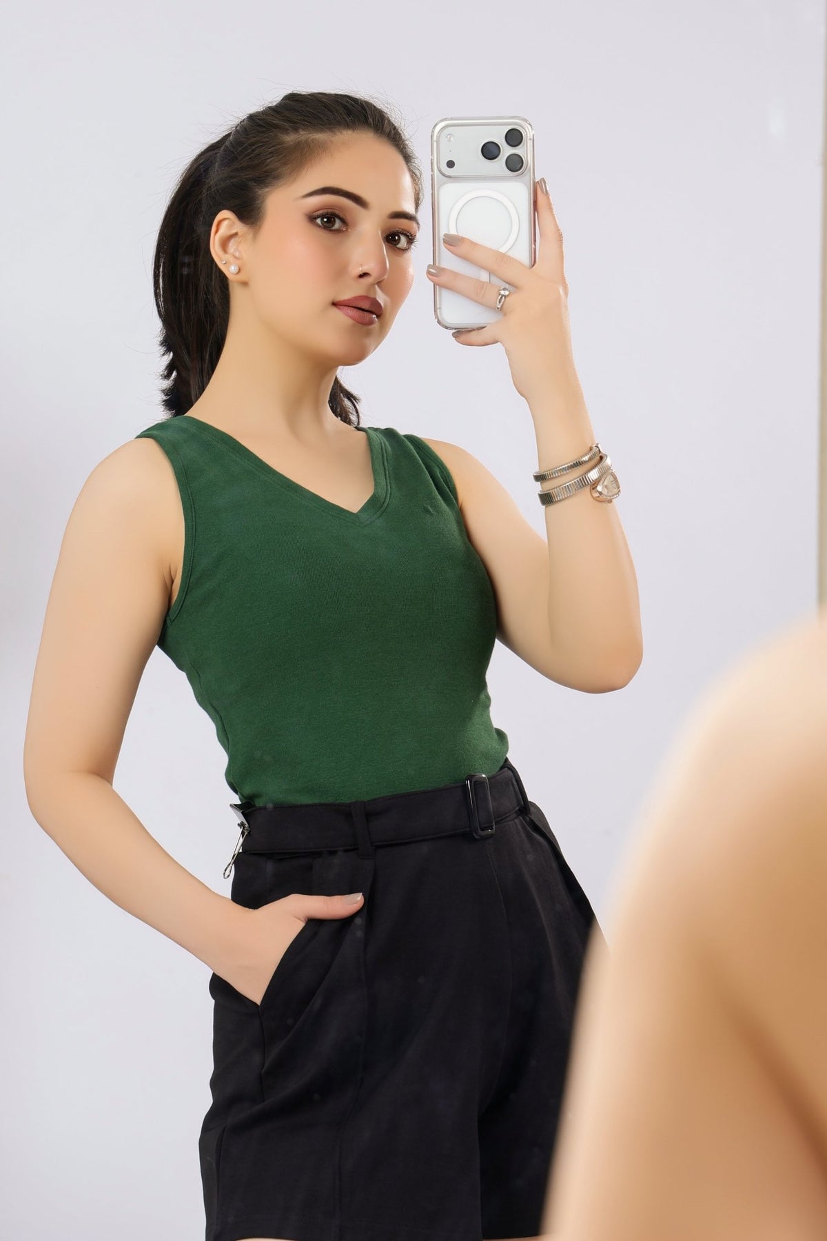 Bottlegreen rib v-neck vest [ 280 GSM non transparent fabric ] -Rib top