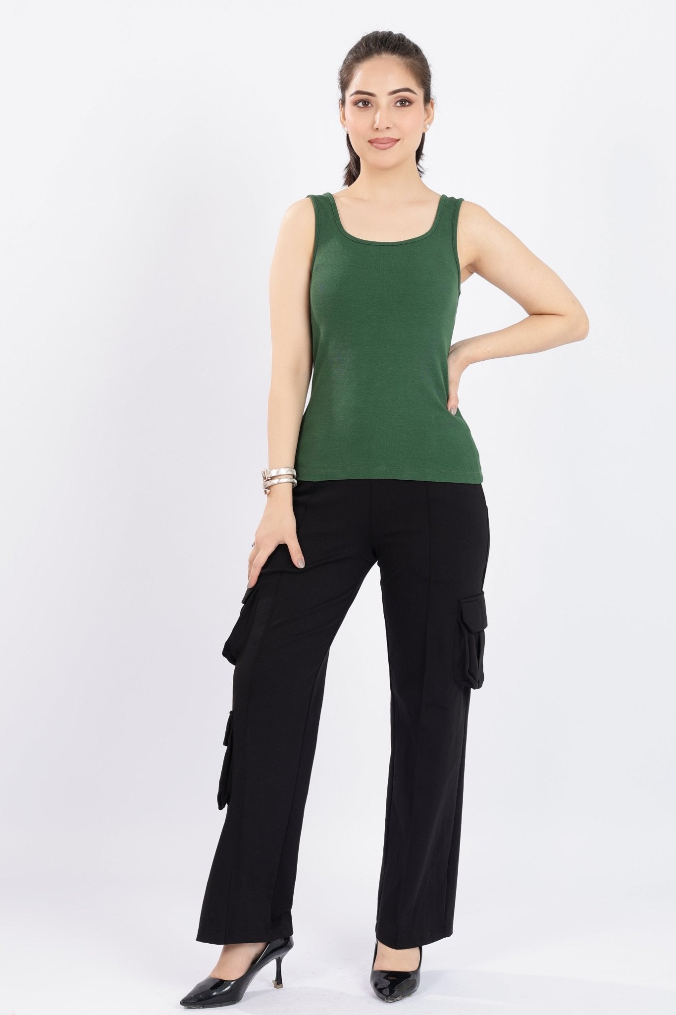 Bottlegreen square neck tank top [ 280 GSM non transparent fabric ] -Rib top