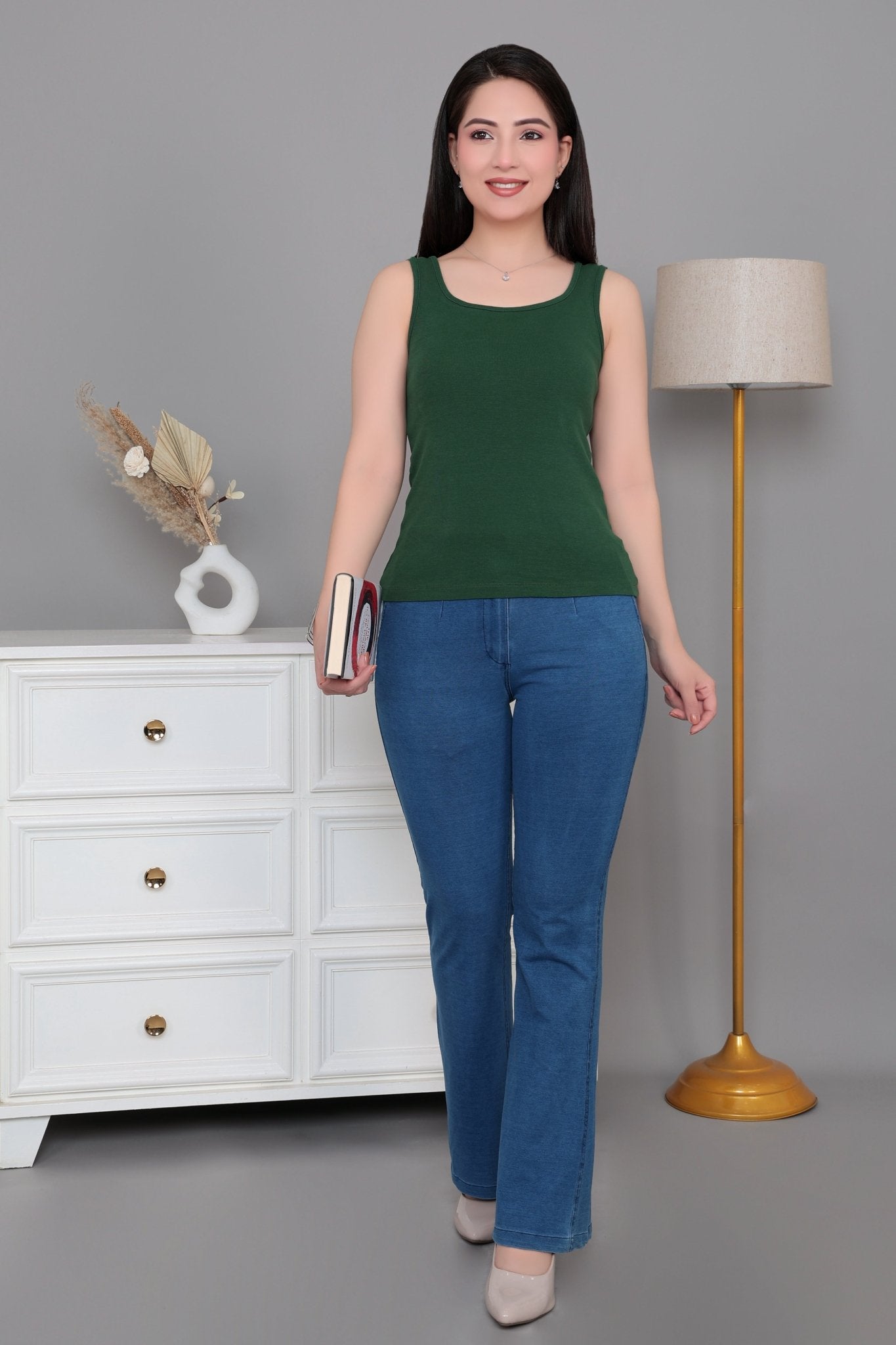Bottlegreen square neck tank top [ 280 GSM non transparent fabric ] -Rib top